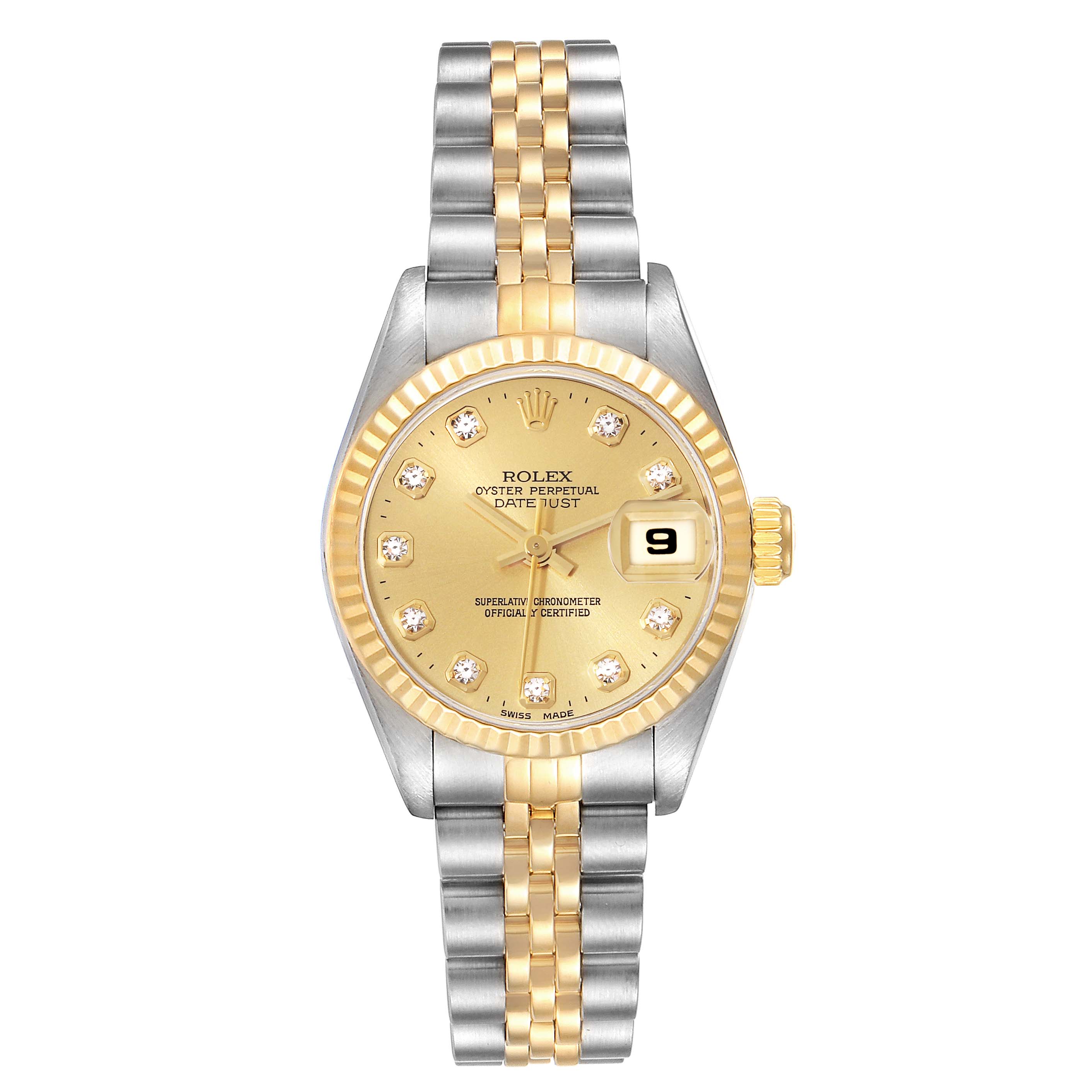 This image shows a front view of a Rolex Datejust 69173 Women's Steel and Gold (two tone) Champagne Dial 69173 Women's Steel and Gold (two tone) Champagne Dial watch, displaying its dial, bezel, bracelet, and date window.