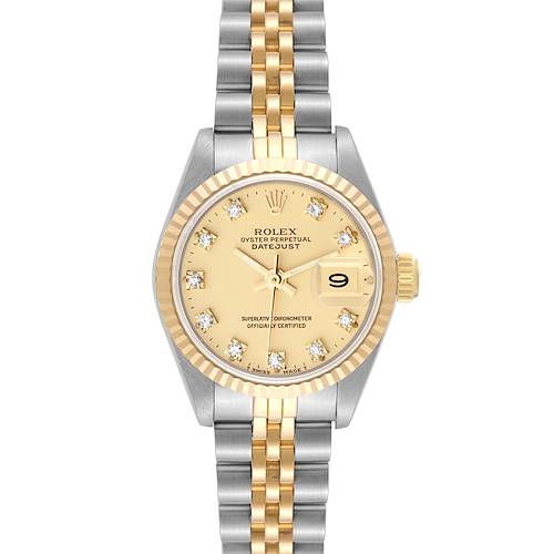 This image shows the Rolex Datejust watch from a front angle, highlighting its champagne dial, fluted bezel, and Jubilee bracelet.