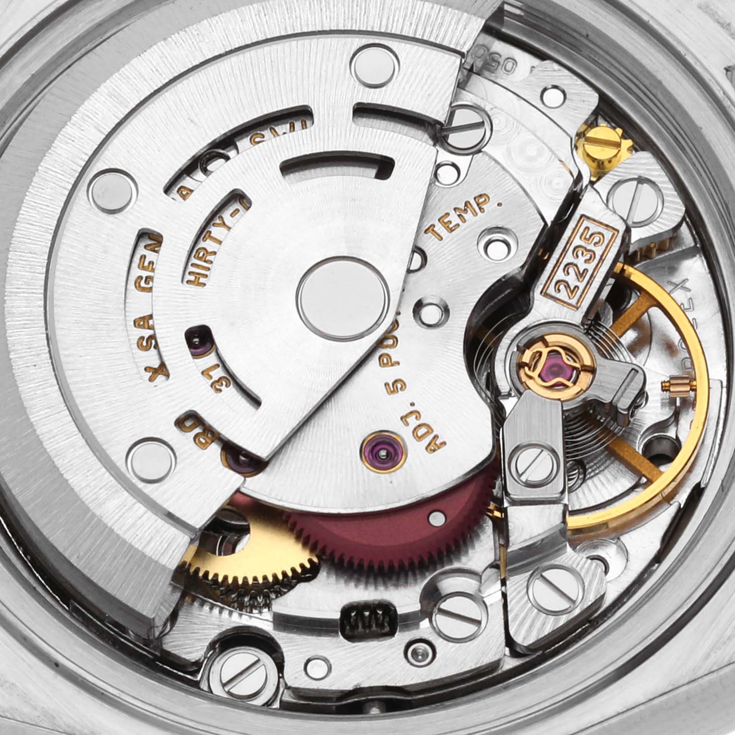 This image shows an up-close view of the Rolex Datejust 79173 Women's Steel and Gold (two tone) Silver Dial 79173 Women's Steel and Gold (two tone) Silver Dial watch movement mechanism from a top-down angle.