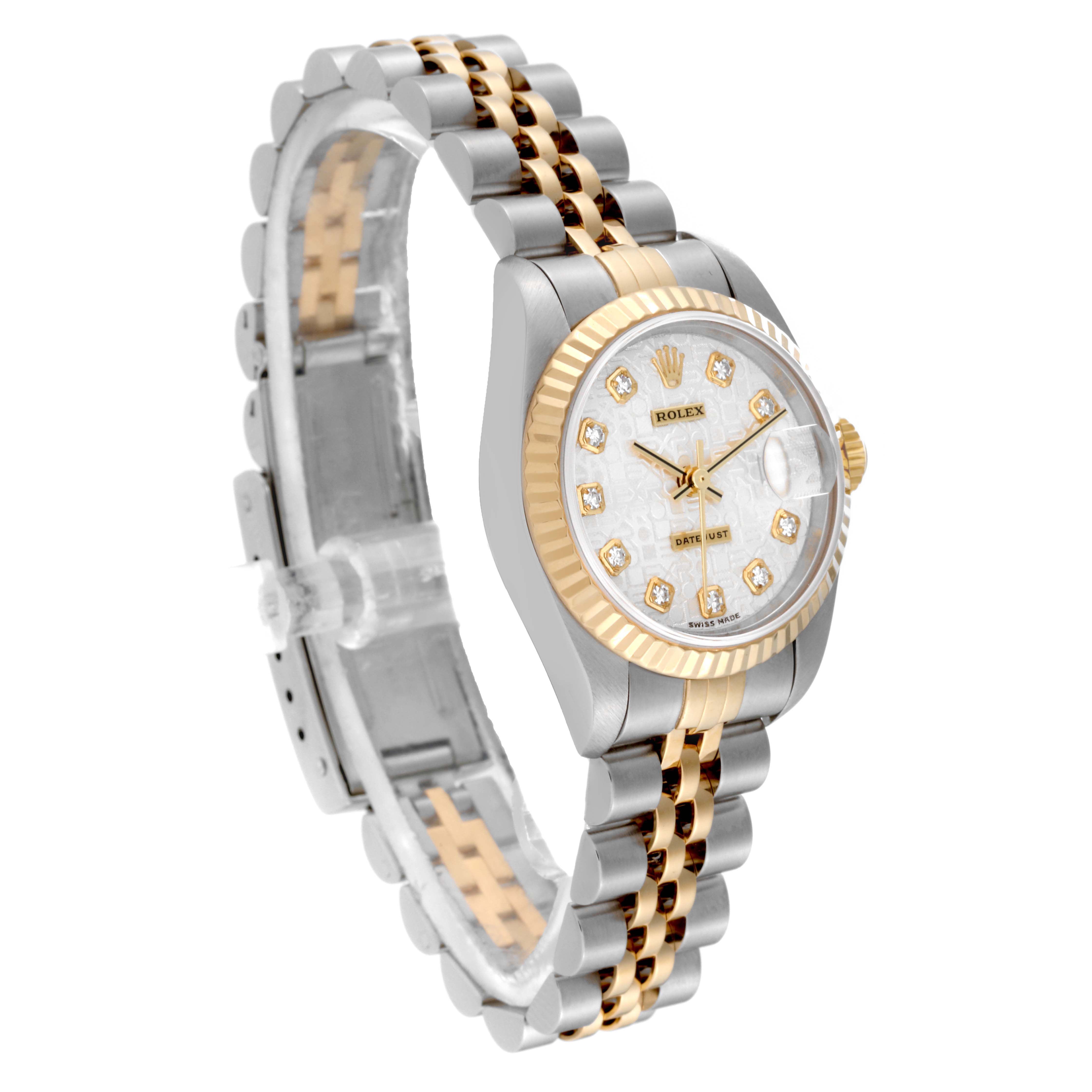 The image shows a Rolex Datejust 79173 Women's Steel and Gold (two tone) Silver Dial 79173 Women's Steel and Gold (two tone) Silver Dial watch at an angle highlighting its face, bezel, and bracelet featuring gold and silver tones.