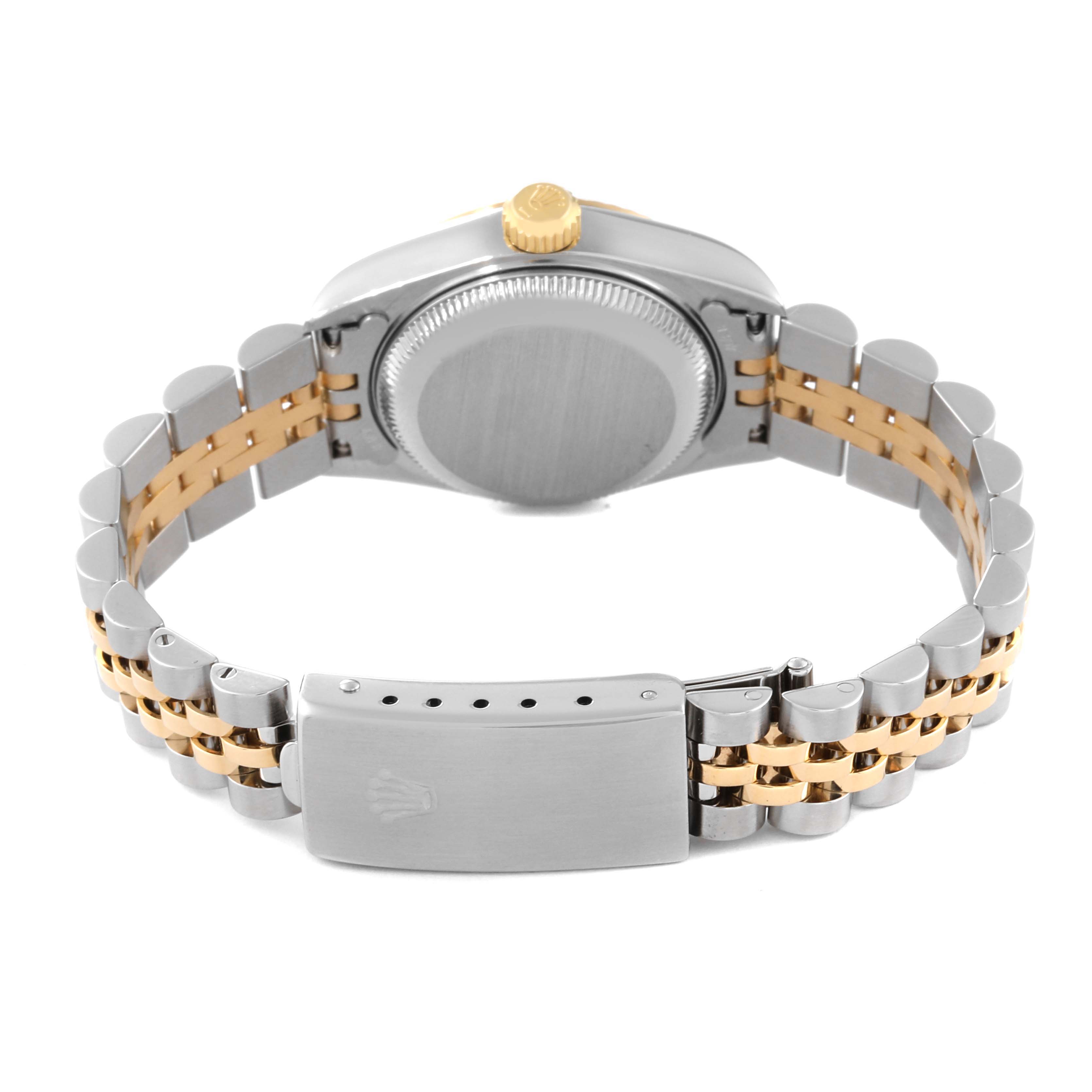 The image shows the back side of the Rolex Datejust 79173 Women's Steel and Gold (two tone) Silver Dial 79173 Women's Steel and Gold (two tone) Silver Dial watch, highlighting the bracelet, clasp, and case back.