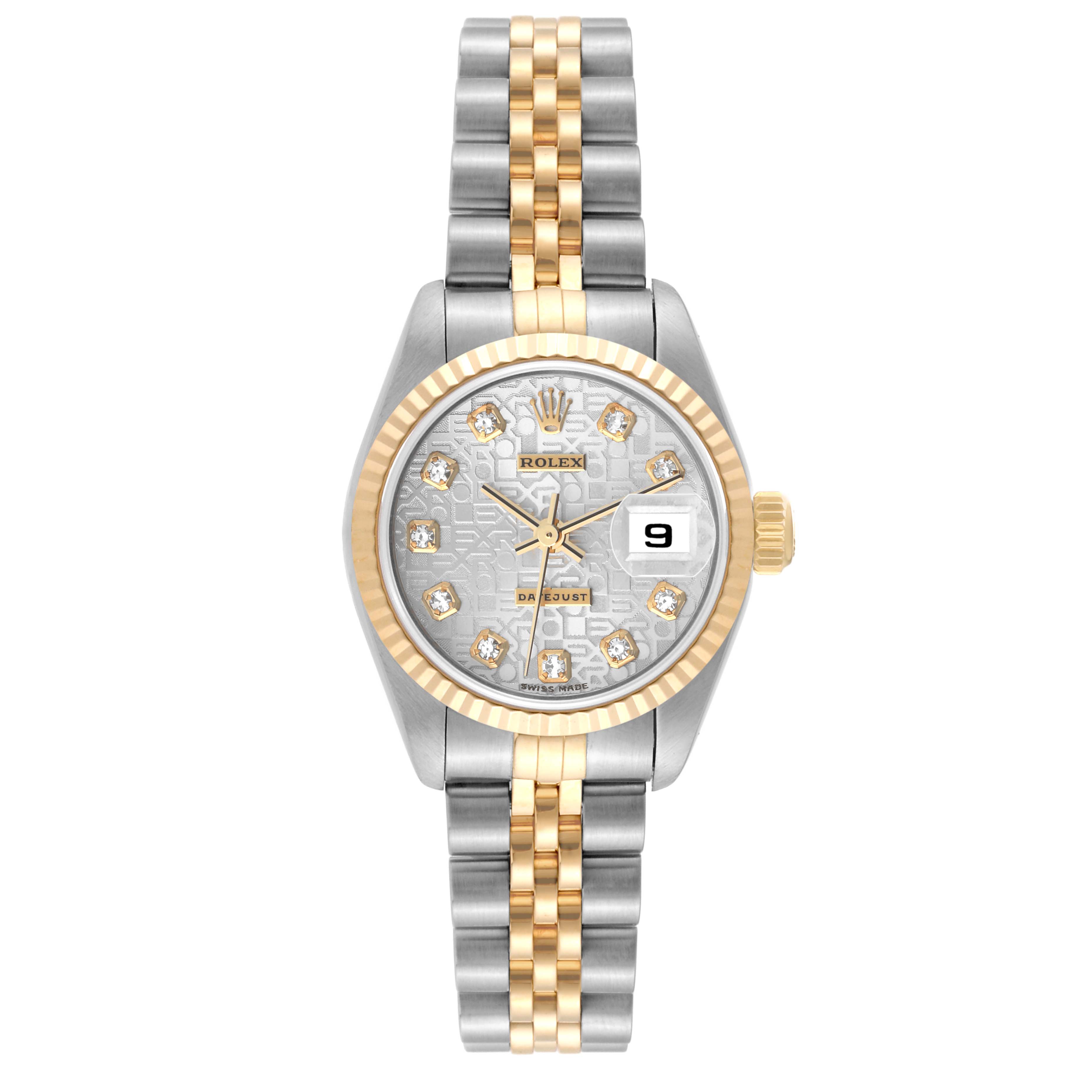 This Rolex Datejust 79173 Women's Steel and Gold (two tone) Silver Dial 79173 Women's Steel and Gold (two tone) Silver Dial model watch is shown from a front angle, displaying its face, bezel, and two-tone bracelet.