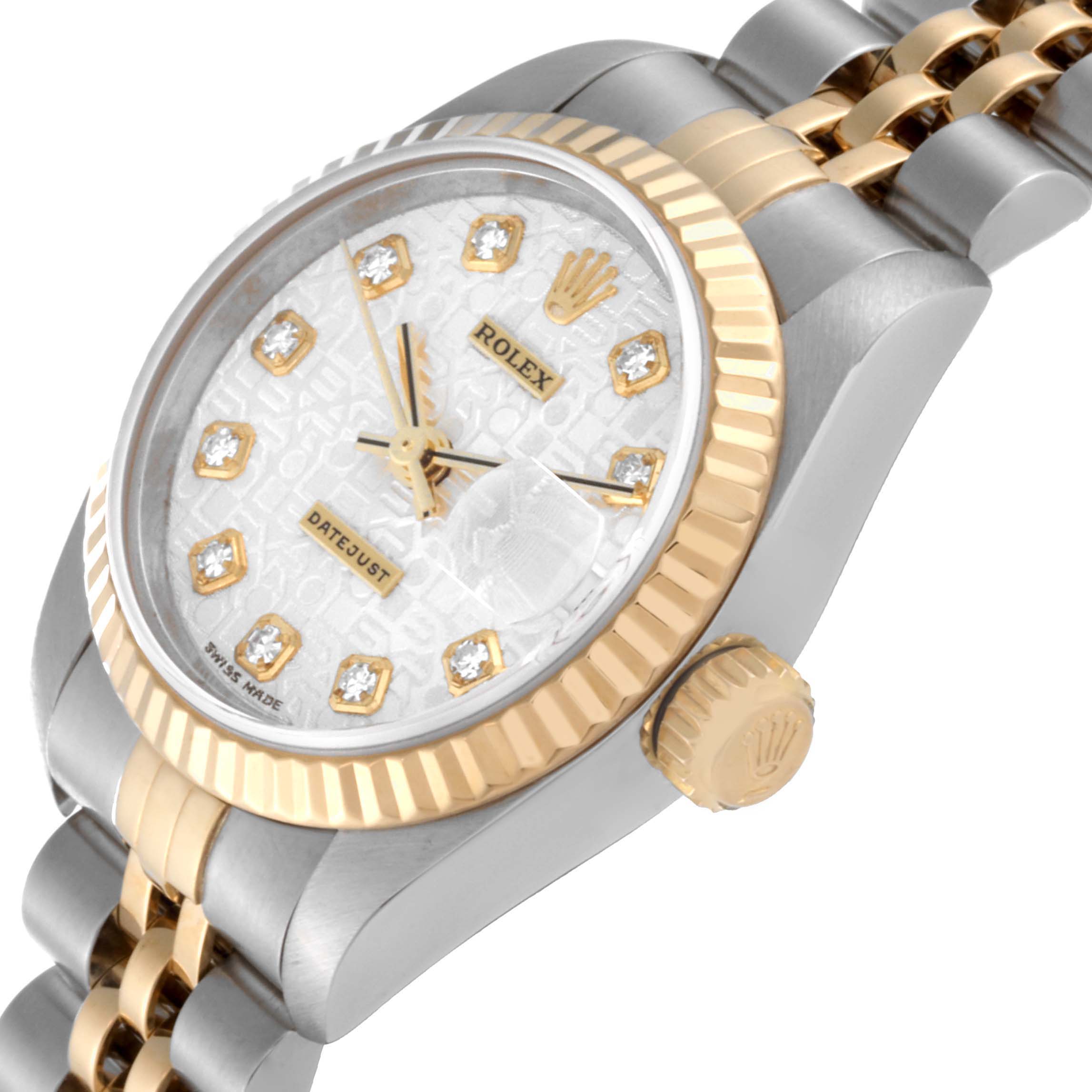 The image shows a Rolex Datejust 79173 Women's Steel and Gold (two tone) Silver Dial 79173 Women's Steel and Gold (two tone) Silver Dial watch at an angled close-up, highlighting the face, crown, and part of the two-tone bracelet.