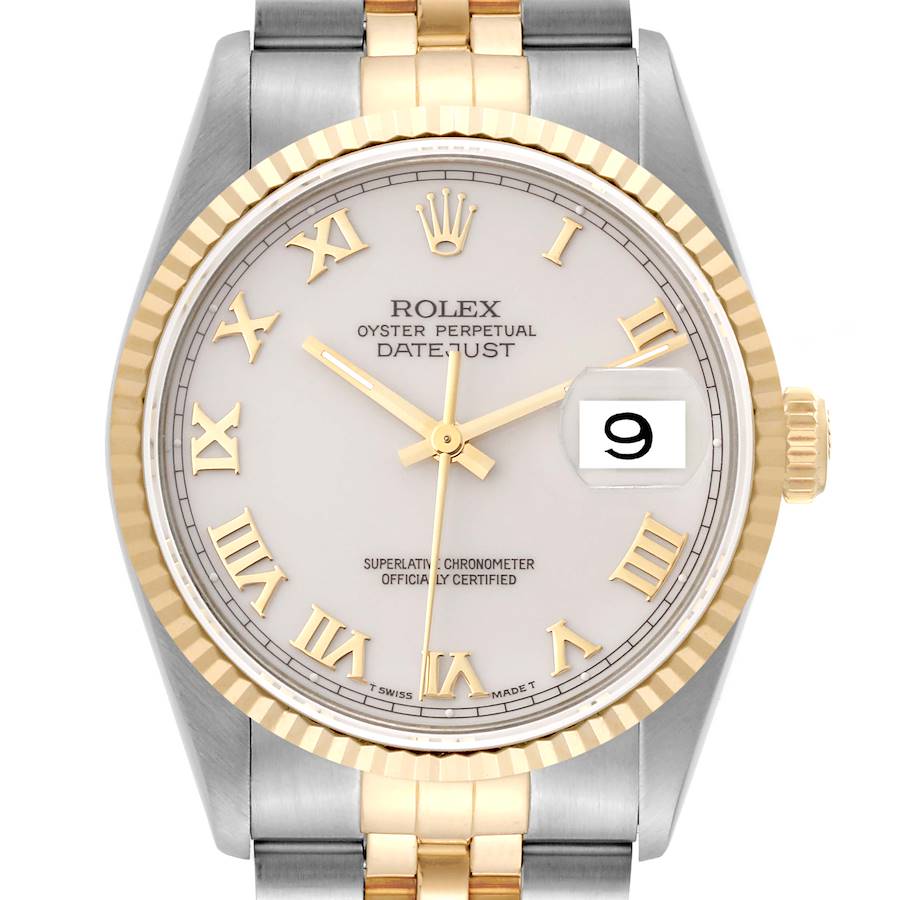 Rolex Datejust Steel Yellow Gold Ivory Roman Dial Mens Watch 16233 SwissWatchExpo