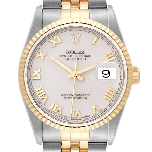 The image shows a Rolex Datejust watch from a front angle, highlighting its dial, bezel, crown, and bracelet.