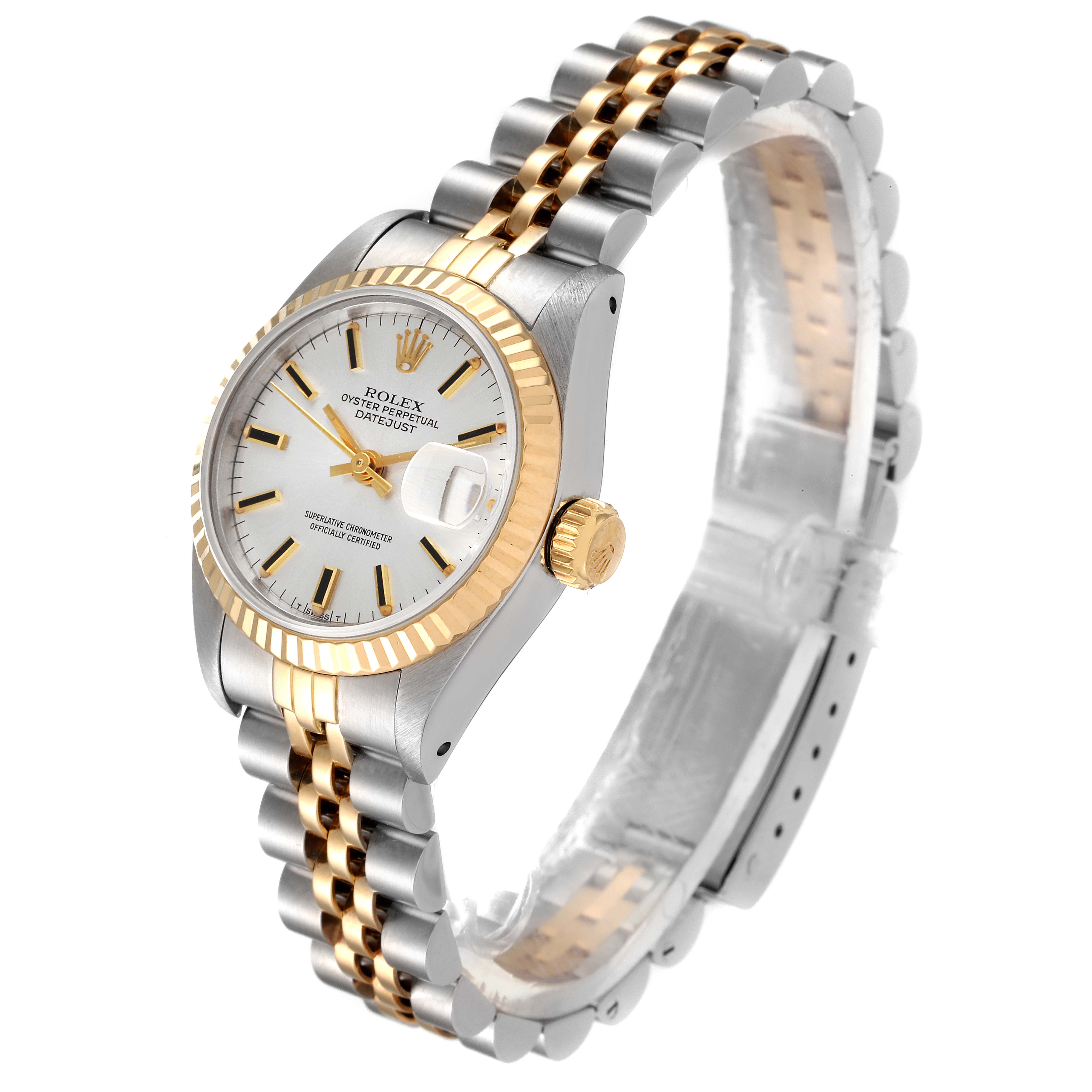 The image shows a Rolex Datejust 69173 Women
s Steel and Gold (two tone) Silver Dial 69173 Women
s Steel and Gold (two tone) Silver Dial watch at a slight side angle, highlighting the face, crown, and two-tone bracelet.