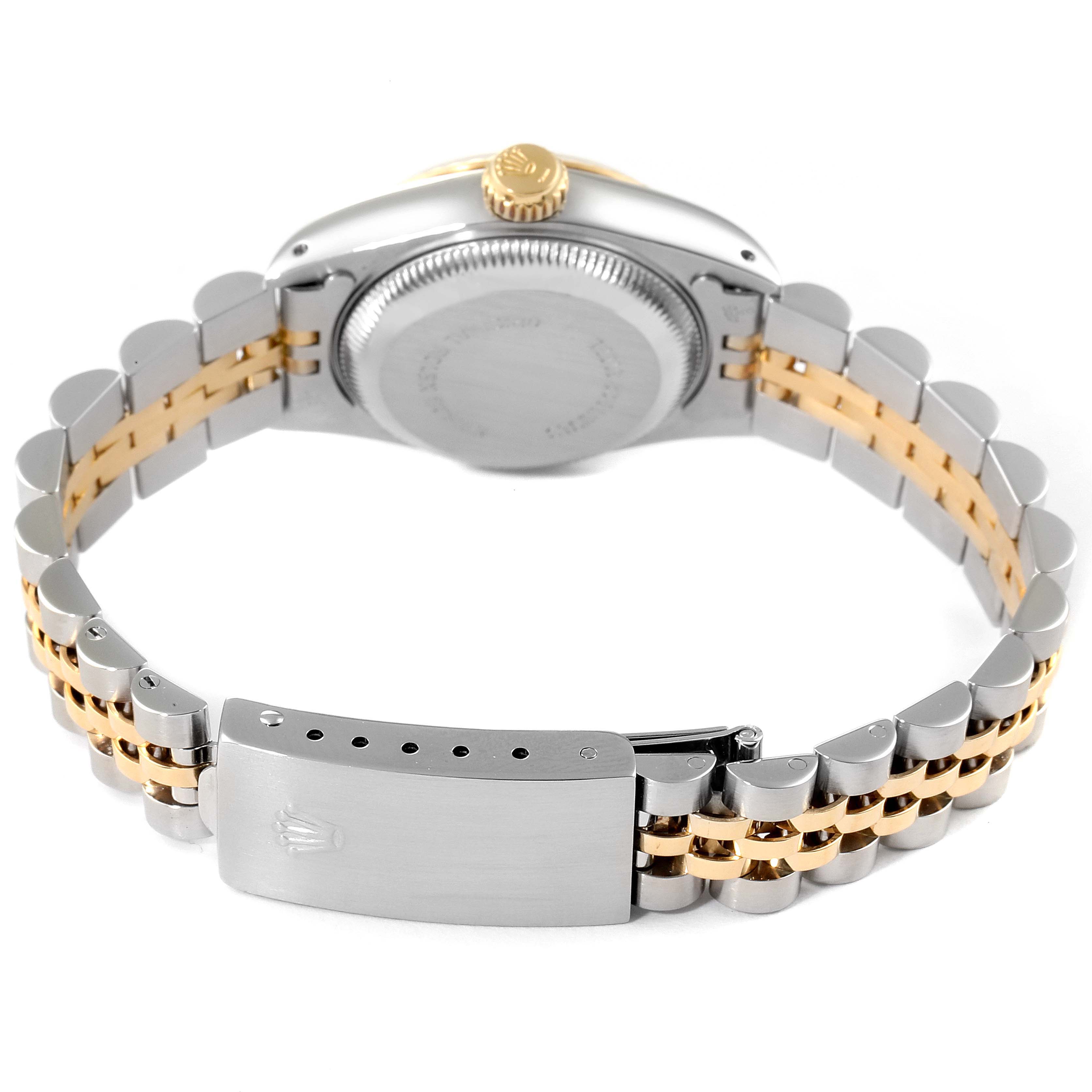 The image shows the back and clasp of a Rolex Datejust 69173 Women
s Steel and Gold (two tone) Silver Dial 69173 Women
s Steel and Gold (two tone) Silver Dial watch, highlighting the two-tone bracelet and case back.
