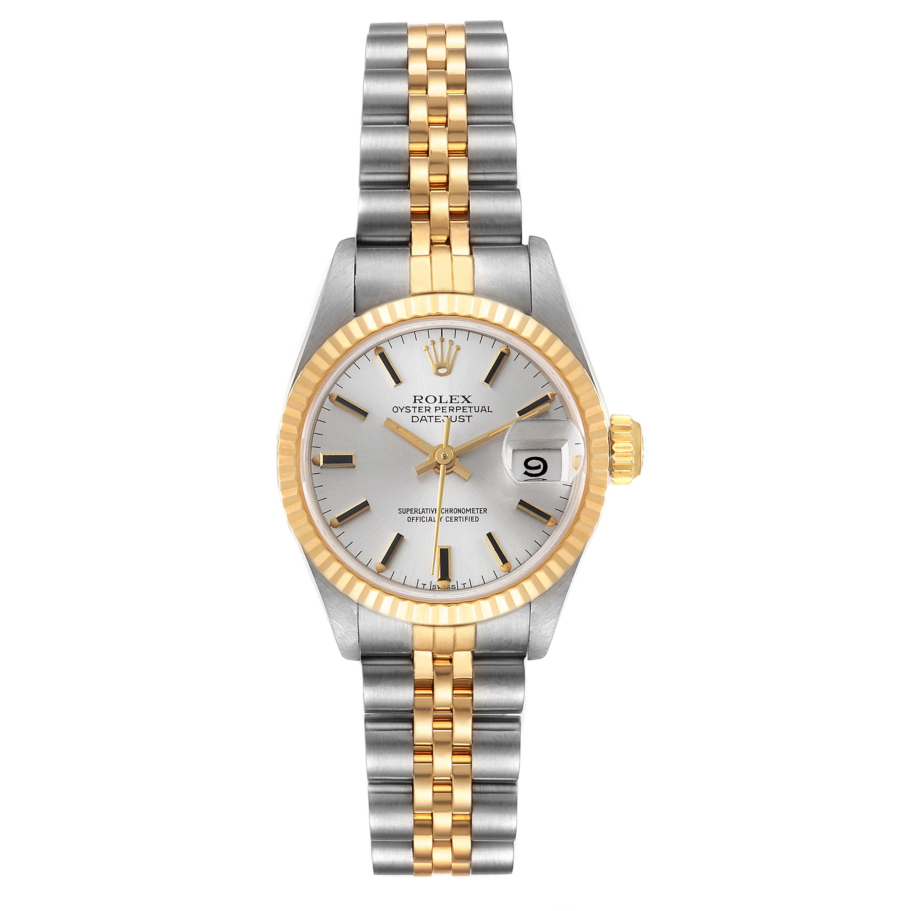 The Rolex Datejust 69173 Women
s Steel and Gold (two tone) Silver Dial 69173 Women
s Steel and Gold (two tone) Silver Dial watch is shown from the front, featuring its face, fluted bezel, and Jubilee bracelet.