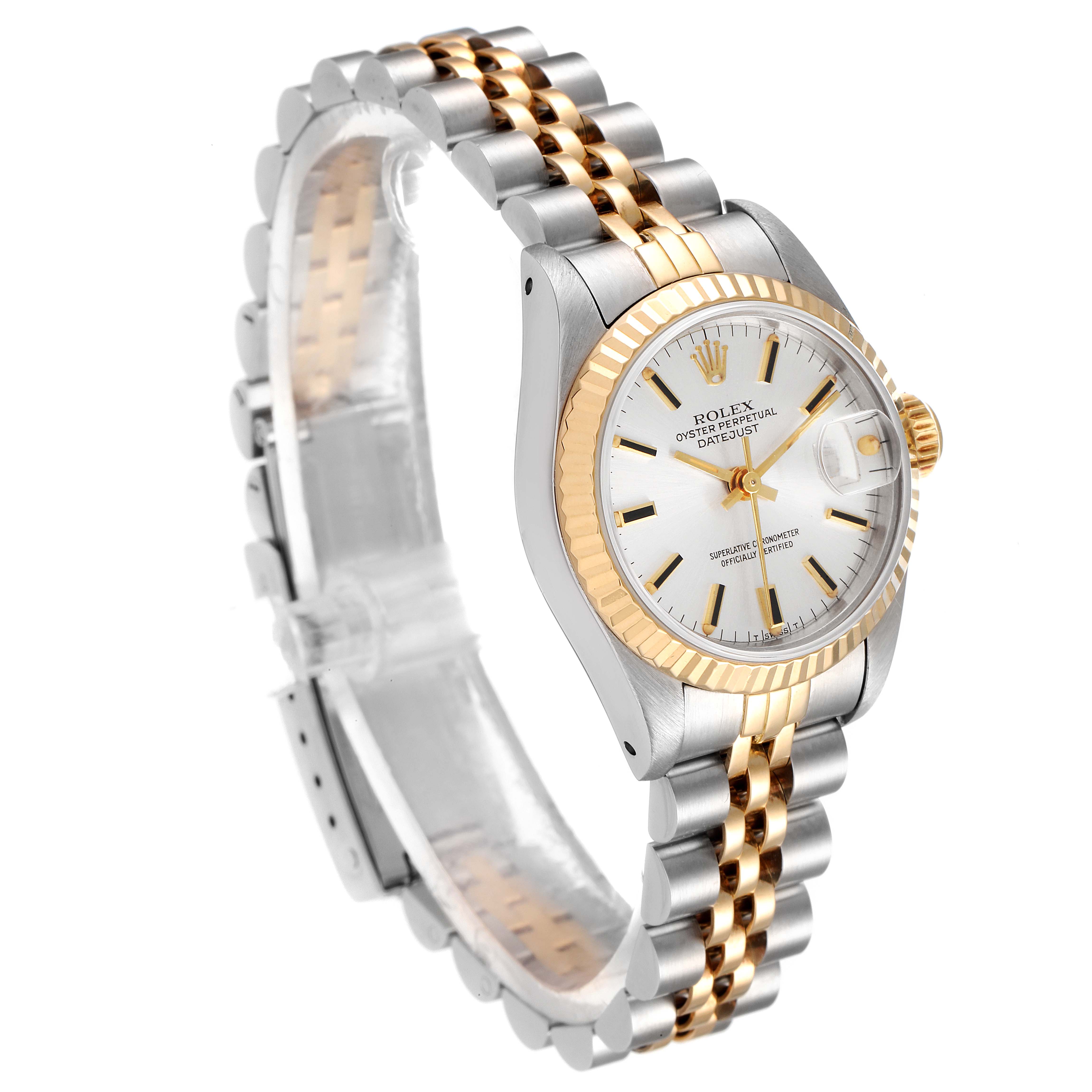 The Rolex Datejust 69173 Women
s Steel and Gold (two tone) Silver Dial 69173 Women
s Steel and Gold (two tone) Silver Dial watch is shown at a side angle highlighting the face, bezel, and two-tone bracelet.
