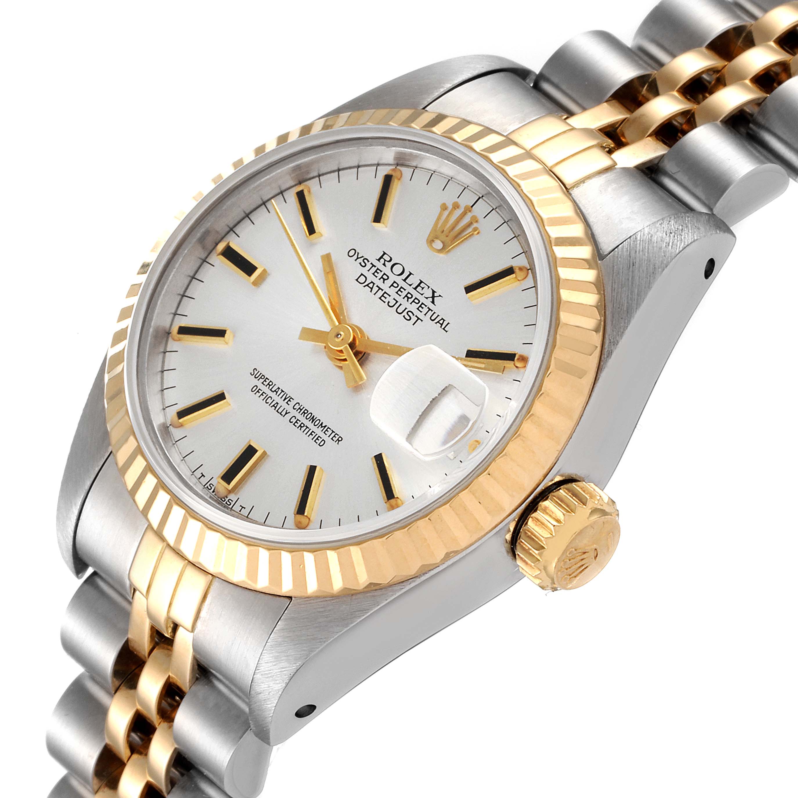 The image shows a partial side and angled view of a Rolex Datejust 69173 Women
s Steel and Gold (two tone) Silver Dial 69173 Women
s Steel and Gold (two tone) Silver Dial watch, including its face, crown, and part of the bracelet.