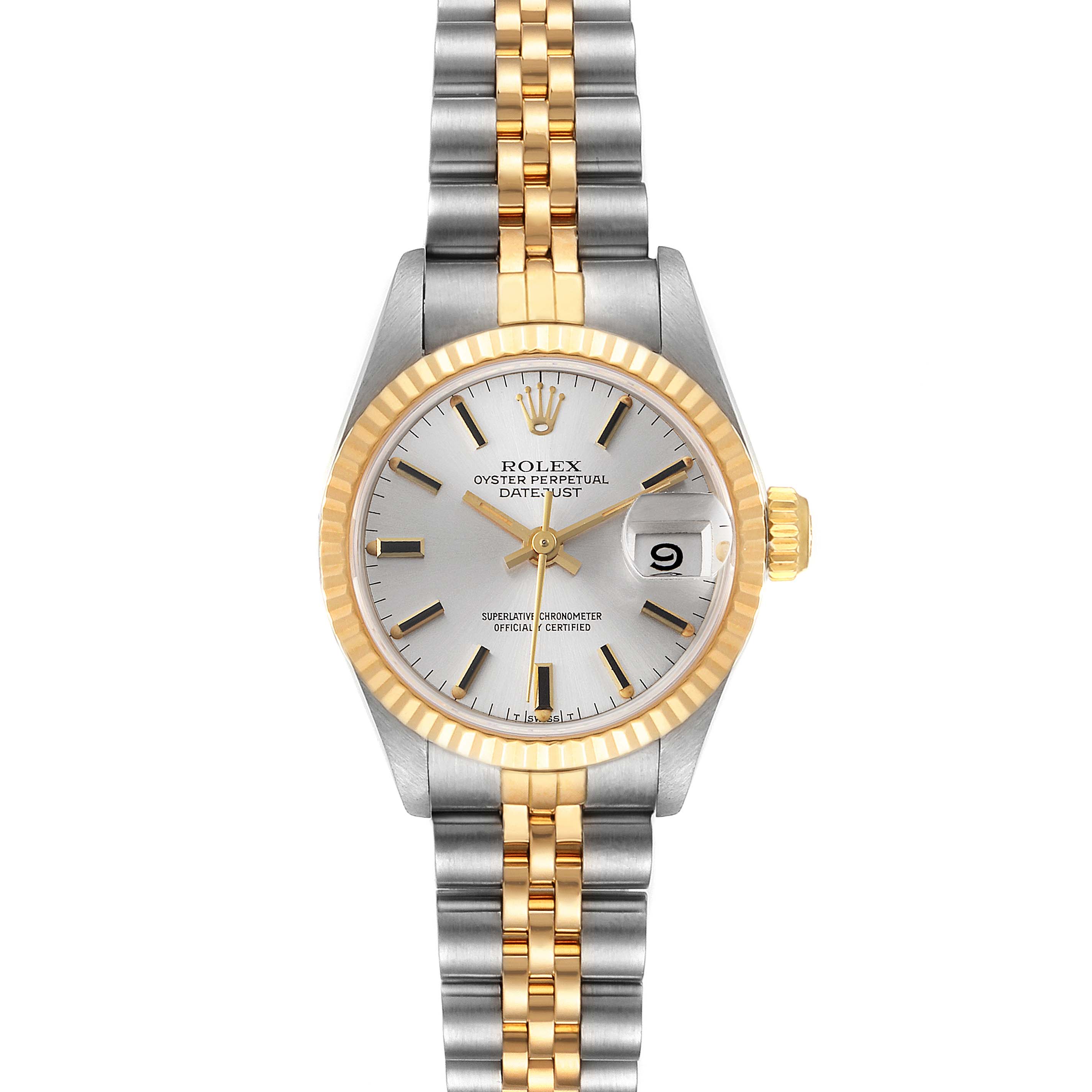 This image shows a front view of a Datejust Rolex watch, highlighting its two-tone bracelet, bezel, dial, and date window.