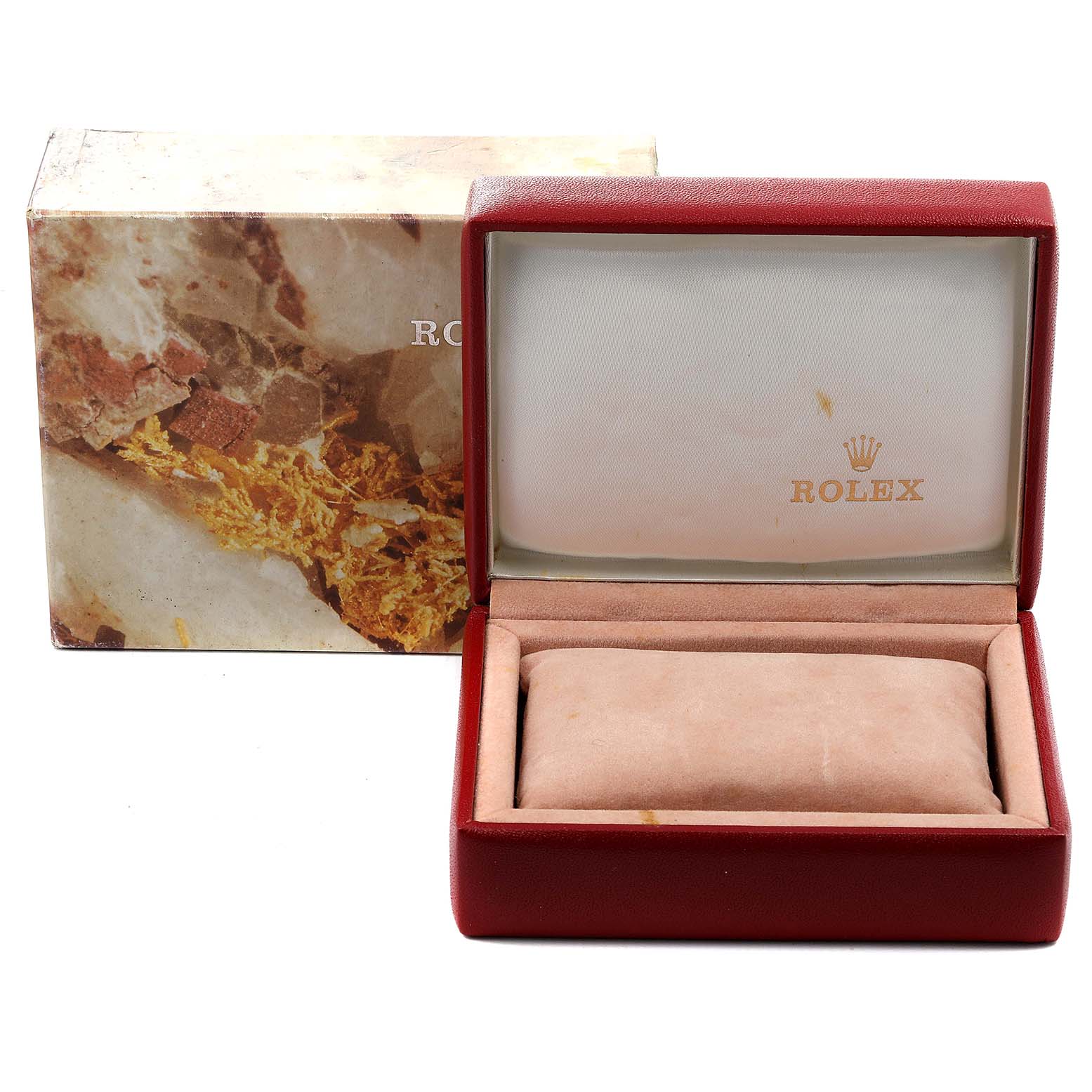 The image shows an open Rolex Datejust 69173 Women
s Steel and Gold (two tone) Silver Dial 69173 Women
s Steel and Gold (two tone) Silver Dial watch box and its outer packaging from a frontal angle.