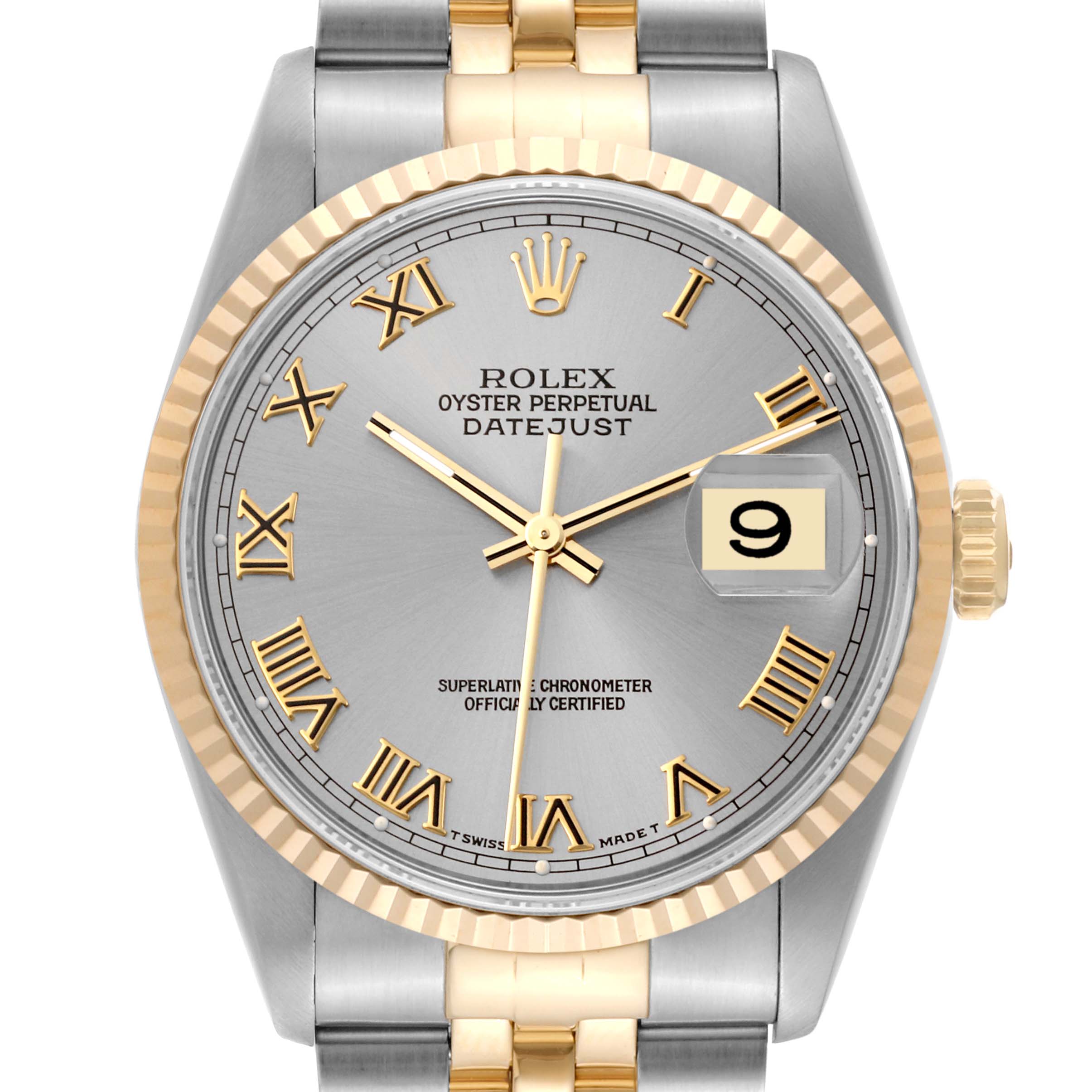 The image shows a close-up of the Rolex Datejust 16233 Men
s Steel and Gold (two tone) Grey Dial 16233 Men
s Steel and Gold (two tone) Grey Dial watch face, bezel, crown, and part of the bracelet.