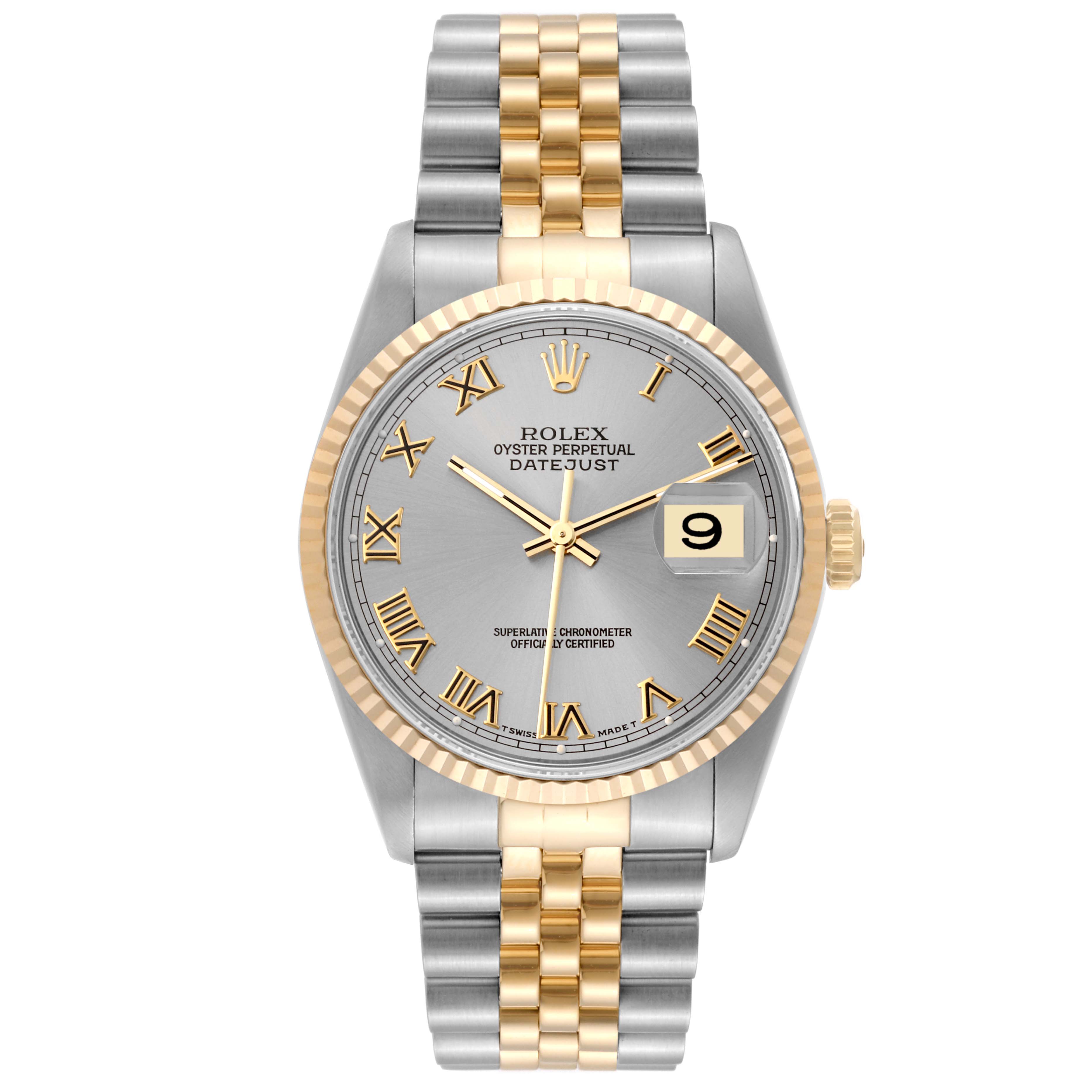 This image shows a front view of the Rolex Datejust 16233 Men
s Steel and Gold (two tone) Grey Dial 16233 Men
s Steel and Gold (two tone) Grey Dial watch, highlighting its dial, bezel, and two-tone bracelet.