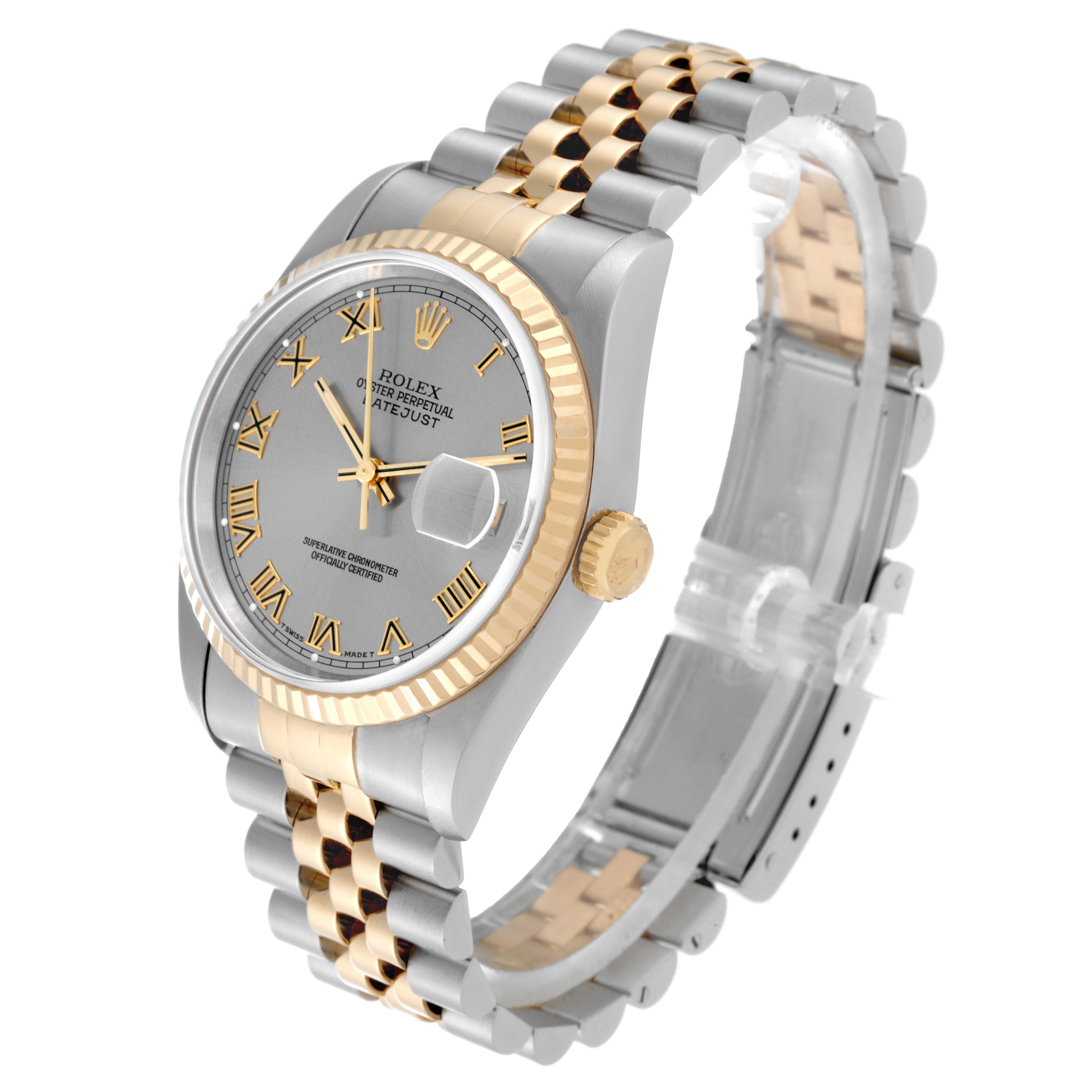 The image shows a Rolex Datejust 16233 Men
s Steel and Gold (two tone) Grey Dial 16233 Men
s Steel and Gold (two tone) Grey Dial watch angled to display the face, bezel, crown, and part of the bracelet.