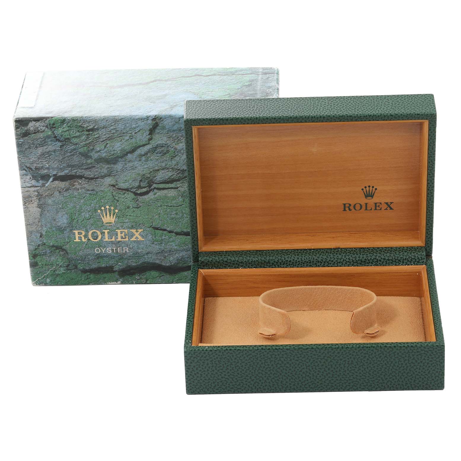 The image shows the opened packaging box and inside lining for a Rolex Datejust 16233 Men
s Steel and Gold (two tone) Grey Dial 16233 Men
s Steel and Gold (two tone) Grey Dial watch, with the outer box beside it.