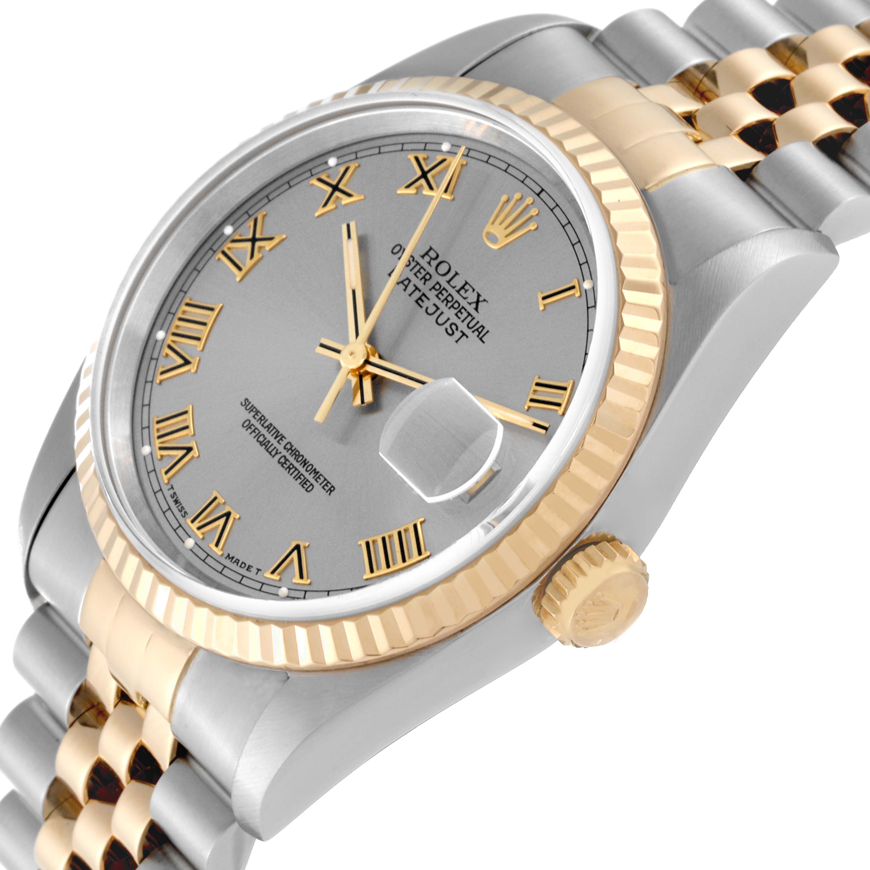 The Rolex Datejust 16233 Men
s Steel and Gold (two tone) Grey Dial 16233 Men
s Steel and Gold (two tone) Grey Dial watch is shown from a tilted angle, highlighting its face, bezel, crown, and part of the bracelet.