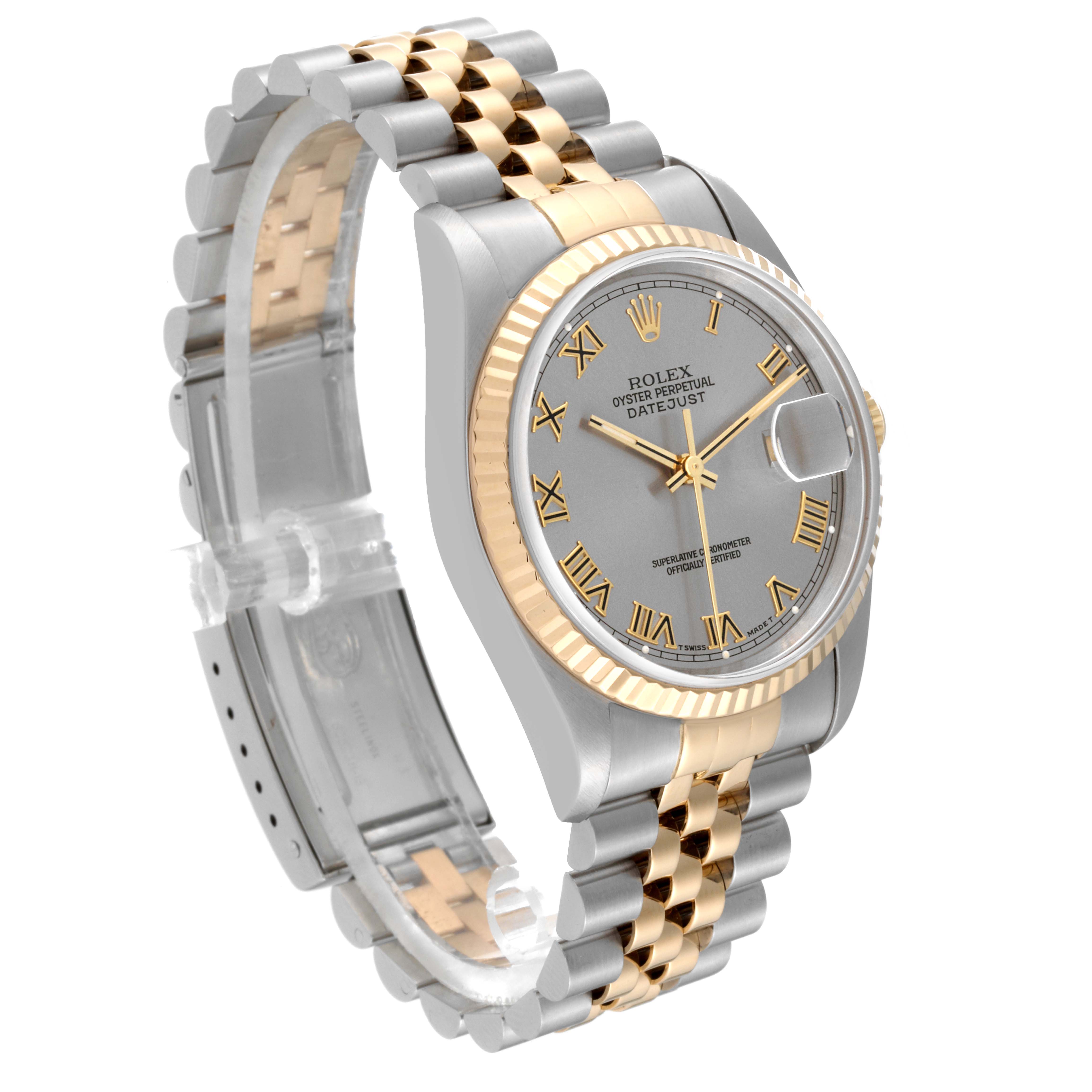 This image shows a Rolex Datejust 16233 Men
s Steel and Gold (two tone) Grey Dial 16233 Men
s Steel and Gold (two tone) Grey Dial watch at a three-quarter angle, highlighting its two-tone bracelet, fluted bezel, and dial.