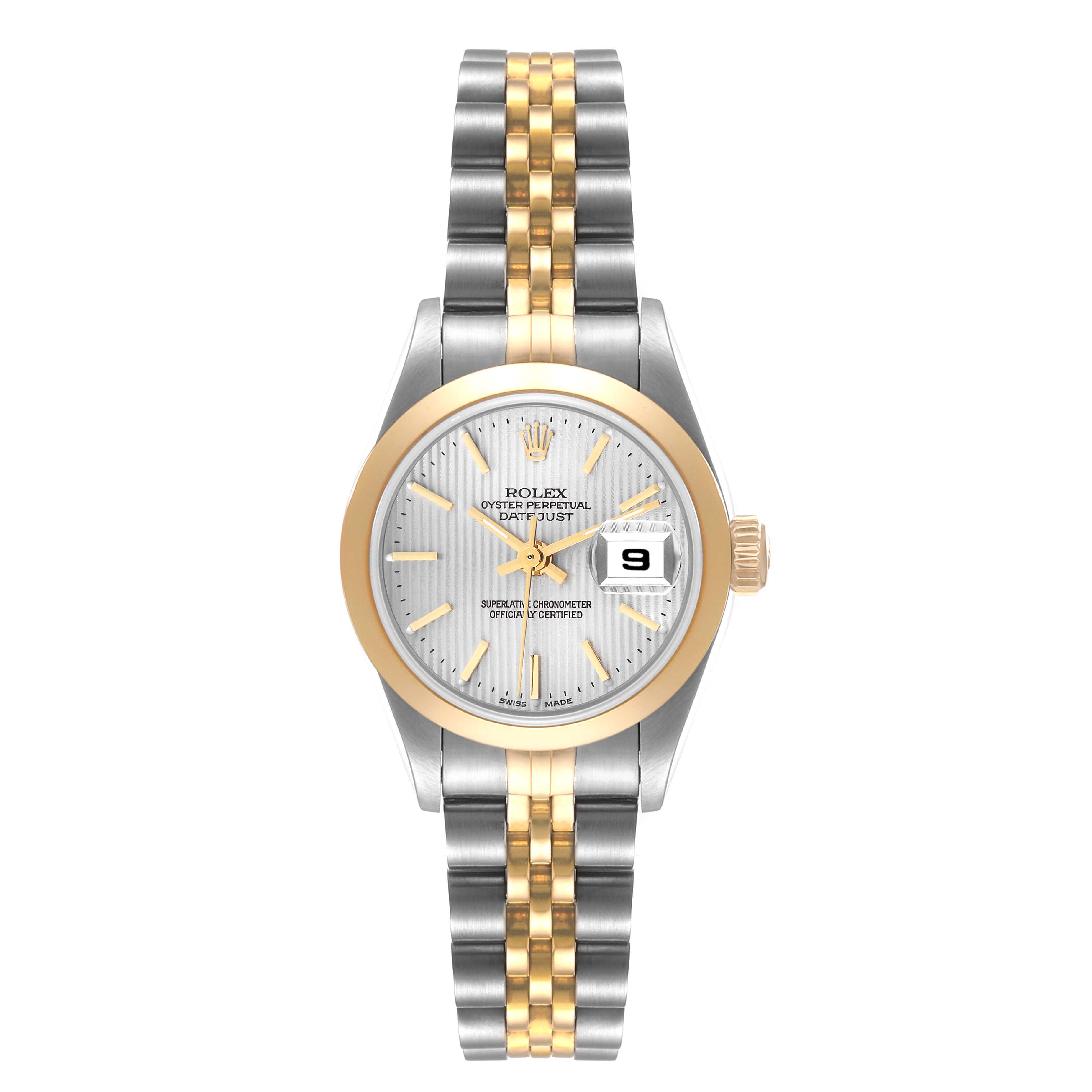 The Rolex Datejust 79163 Women's Steel and Gold (two tone) Silver Dial 79163 Women's Steel and Gold (two tone) Silver Dial watch is shown from a front angle, highlighting its two-tone band, dial, and date feature.