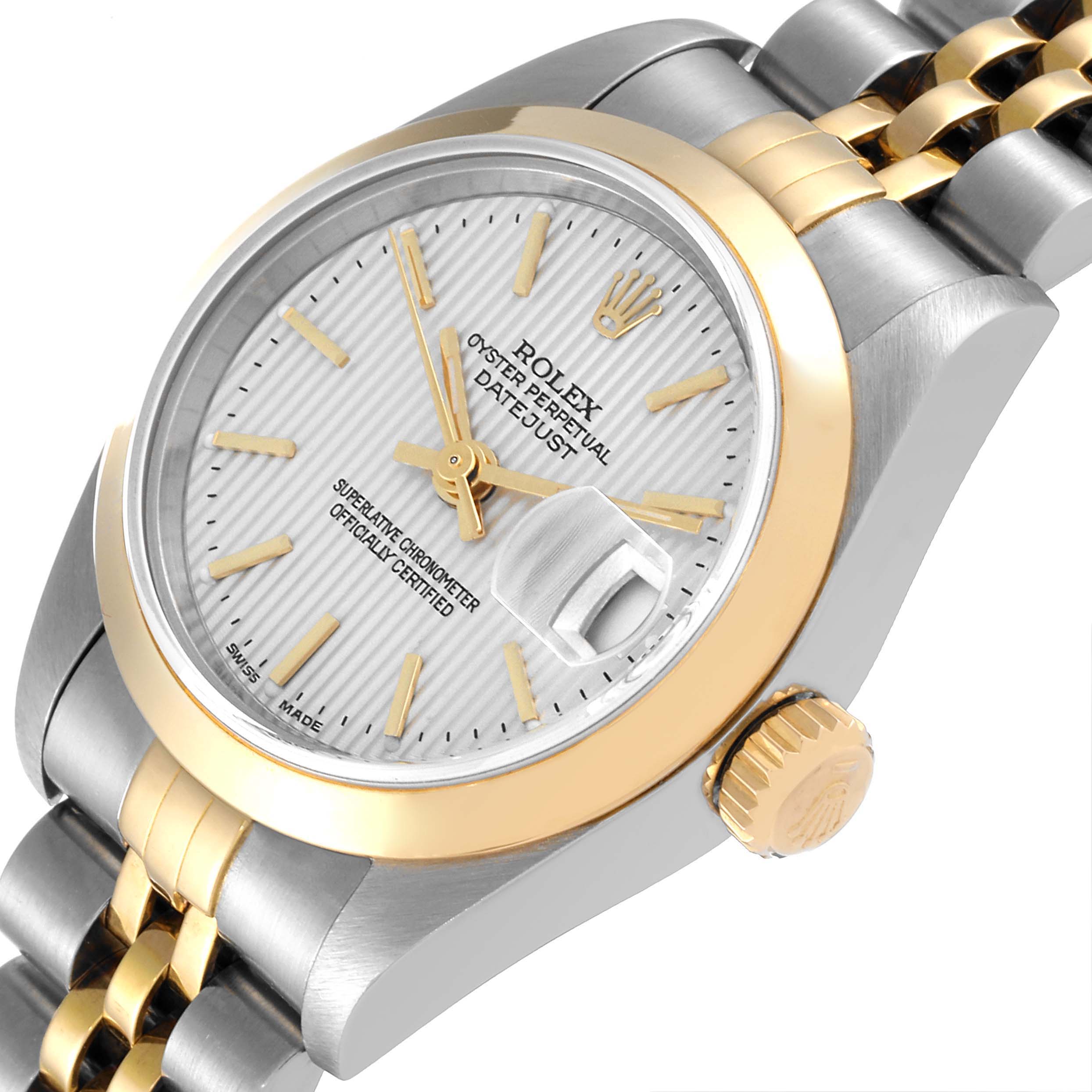The image shows a Rolex Datejust 79163 Women's Steel and Gold (two tone) Silver Dial 79163 Women's Steel and Gold (two tone) Silver Dial watch at a slight angle, highlighting the dial, bezel, crown, and part of the bracelet.