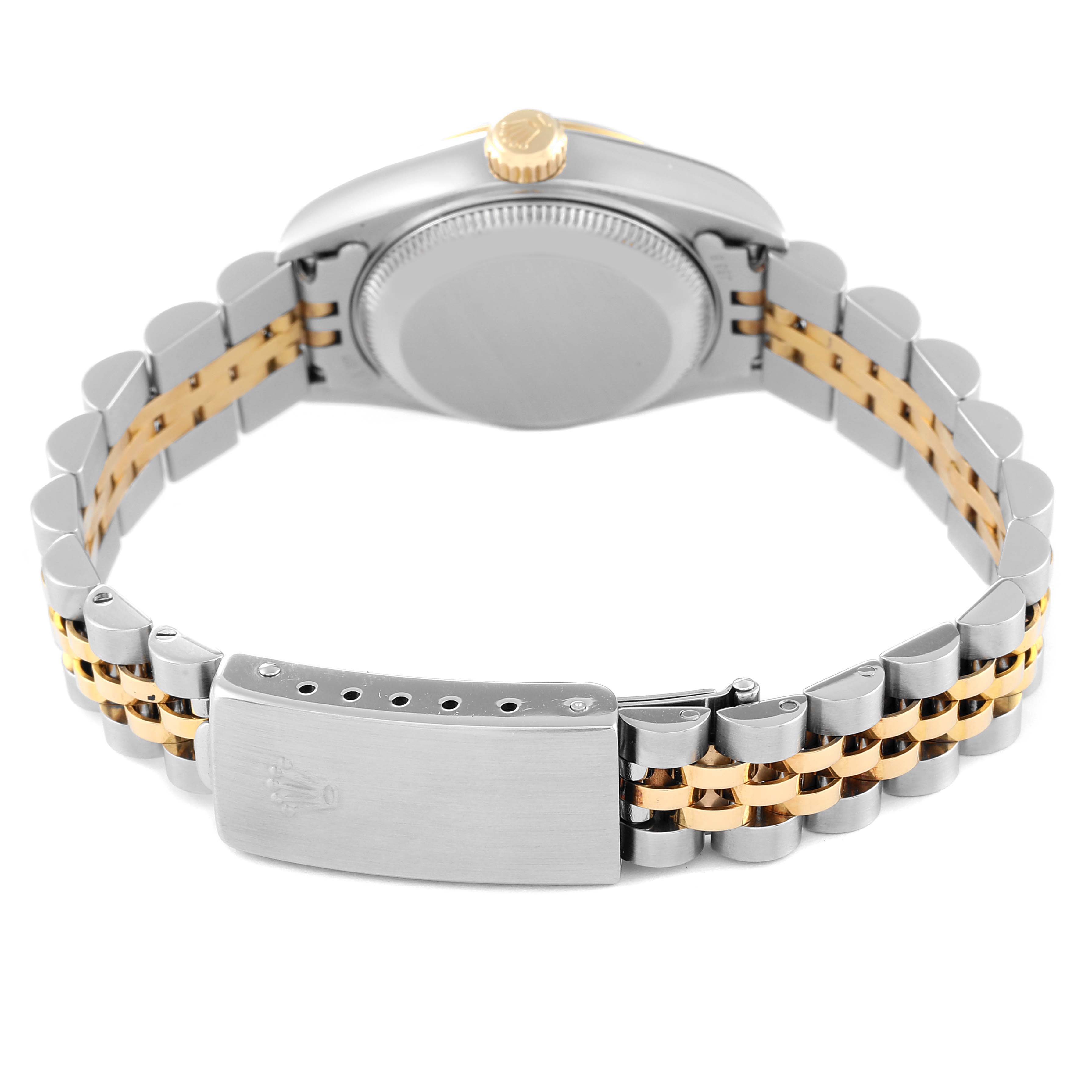 The image shows the backside, bracelet, and clasp of a Rolex Datejust 79163 Women's Steel and Gold (two tone) Silver Dial 79163 Women's Steel and Gold (two tone) Silver Dial watch.