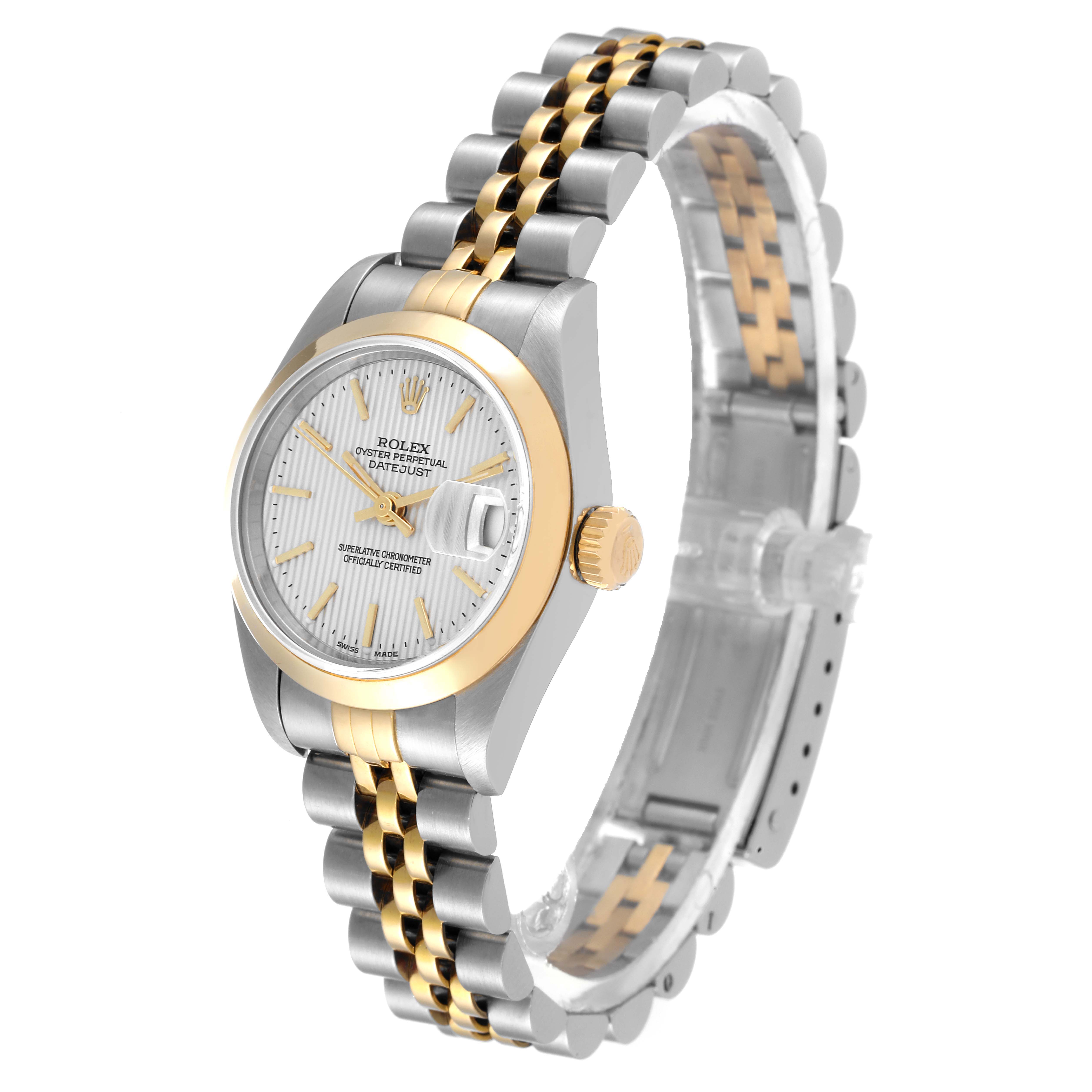 This image shows a Rolex Datejust 79163 Women's Steel and Gold (two tone) Silver Dial 79163 Women's Steel and Gold (two tone) Silver Dial watch from an angled side view, highlighting its two-tone bracelet and face.