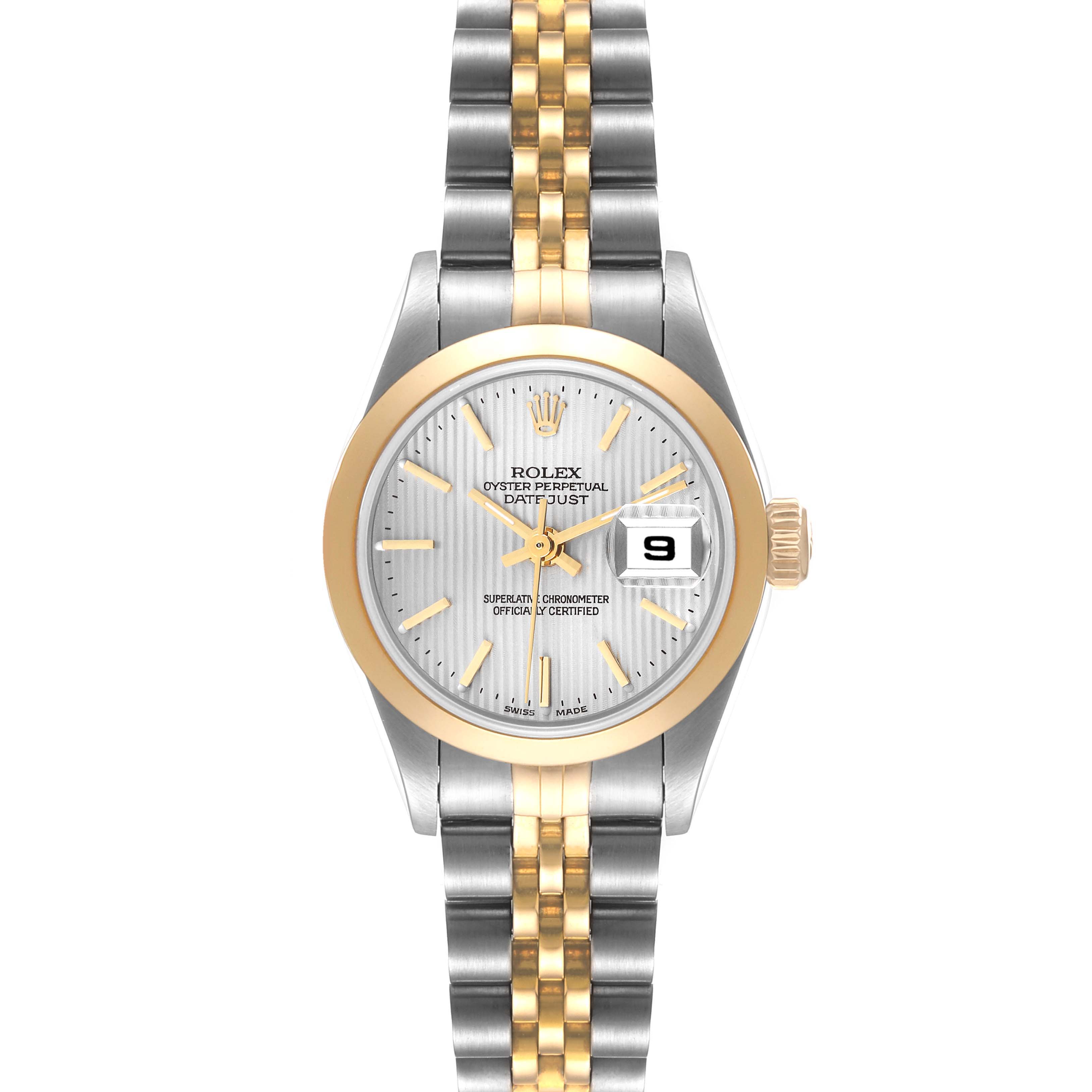 The image shows a front view of a Rolex Datejust 79163 Women's Steel and Gold (two tone) Silver Dial 79163 Women's Steel and Gold (two tone) Silver Dial watch, highlighting its two-tone bracelet, bezel, and date display.