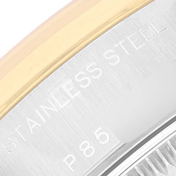 This close-up angle shows the stainless steel and gold detailing on the case of the Rolex Datejust 79163 Women's Steel and Gold (two tone) Silver Dial 79163 Women's Steel and Gold (two tone) Silver Dial watch.