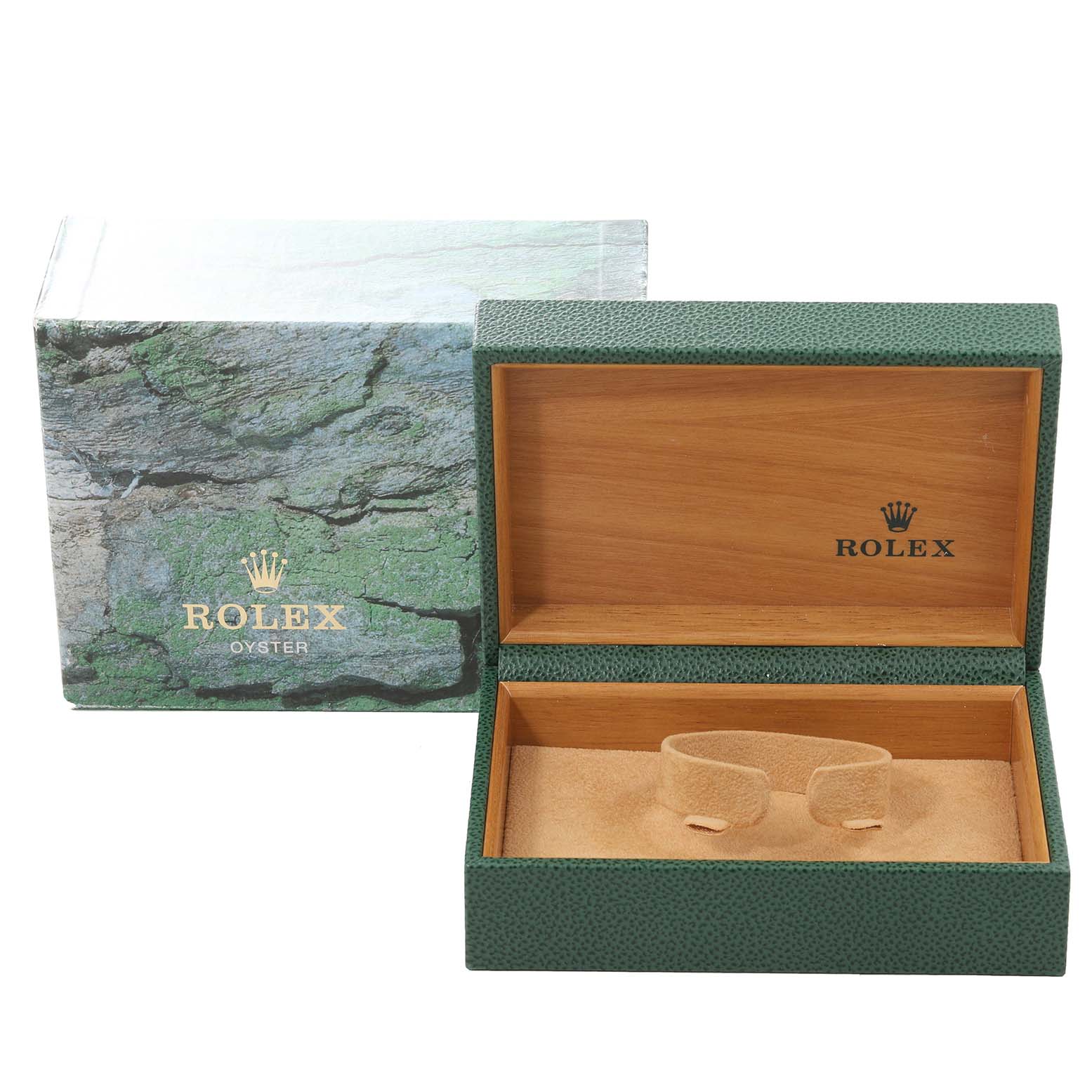 The image shows the open box of a Rolex Datejust 16203 Men's Steel and Gold (two tone) Grey Dial 16203 Men's Steel and Gold (two tone) Grey Dial with the outer packaging included.