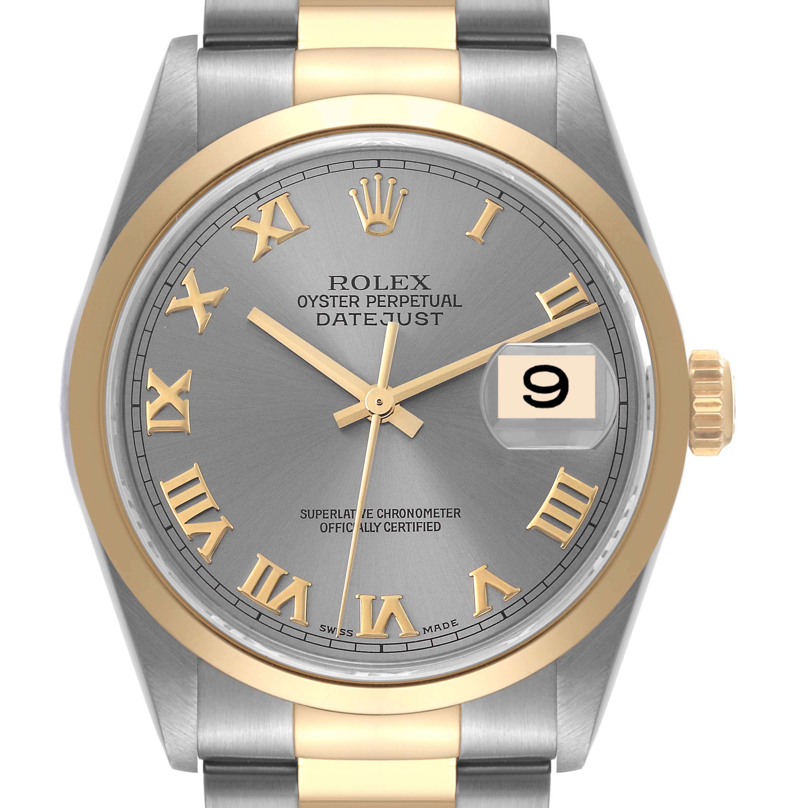 The image shows a front view of a Rolex Datejust 16203 Men's Steel and Gold (two tone) Grey Dial 16203 Men's Steel and Gold (two tone) Grey Dial watch, highlighting the dial, hands, date window, bezel, and part of the bracelet.
