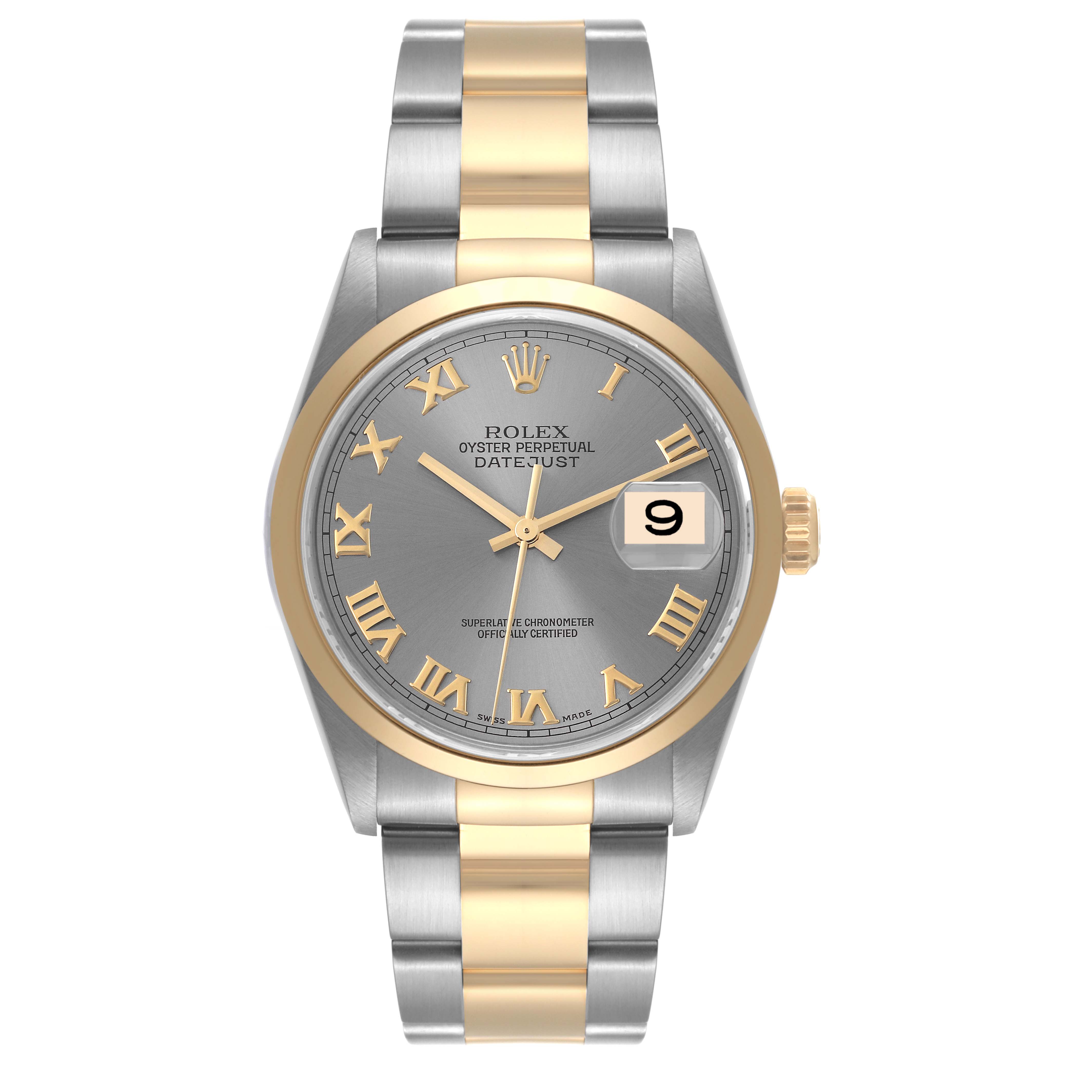 The image shows a frontal view of a Rolex Datejust 16203 Men's Steel and Gold (two tone) Grey Dial 16203 Men's Steel and Gold (two tone) Grey Dial watch, highlighting its face, bezel, and bracelet with a date window.