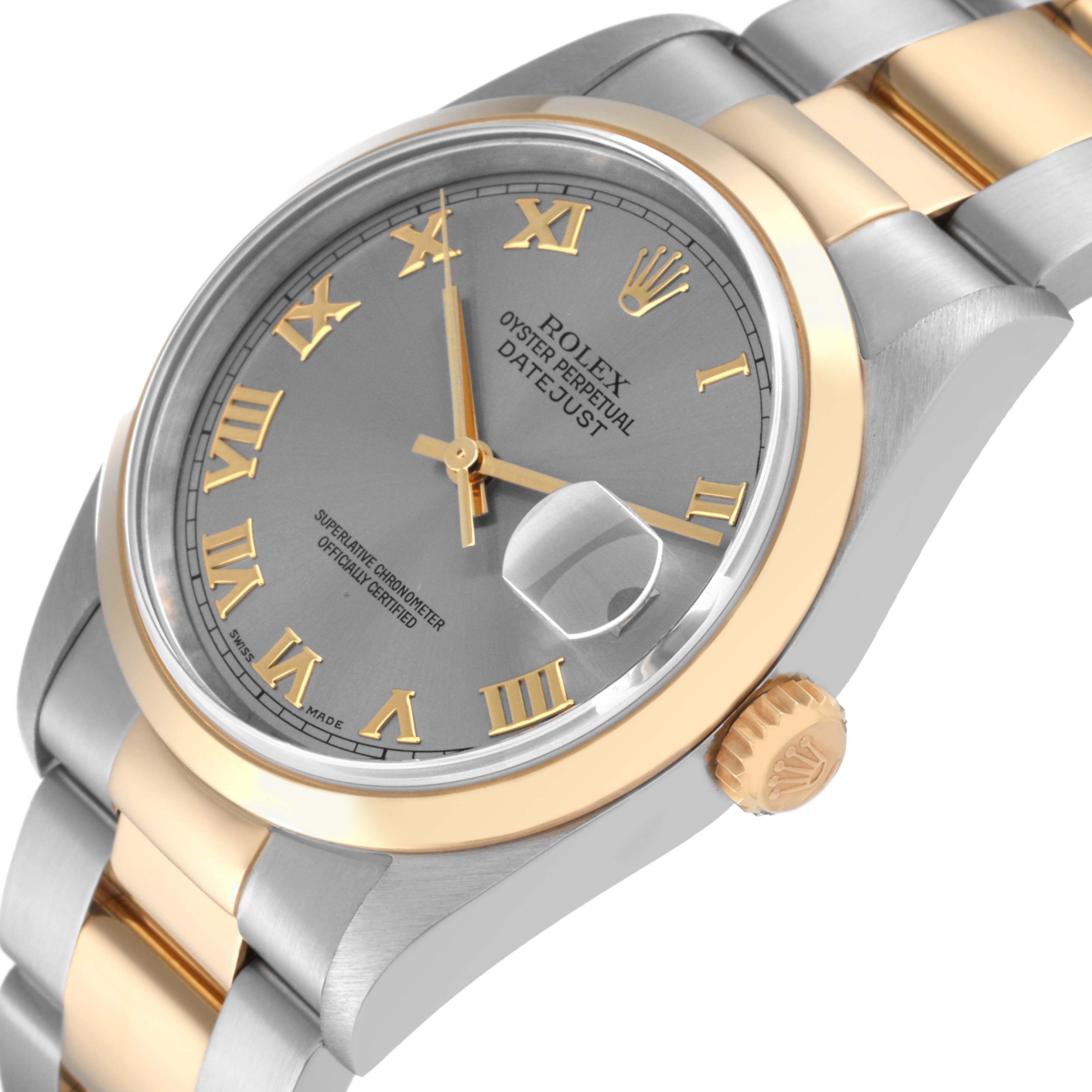 This image showcases a Rolex Datejust 16203 Men's Steel and Gold (two tone) Grey Dial 16203 Men's Steel and Gold (two tone) Grey Dial watch at a slight angle, highlighting the face, crown, and part of the bracelet.