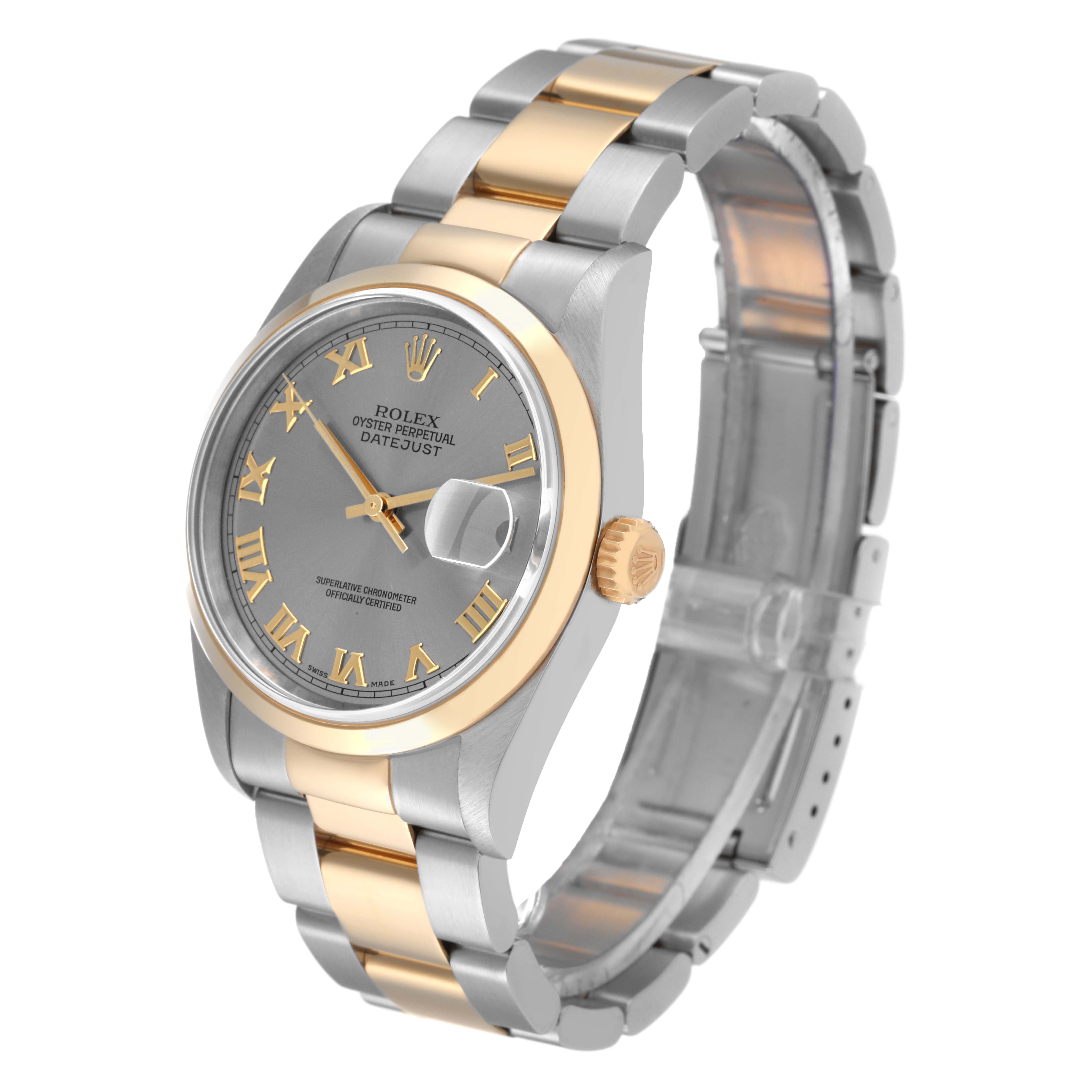 This image shows a Rolex Datejust 16203 Men's Steel and Gold (two tone) Grey Dial 16203 Men's Steel and Gold (two tone) Grey Dial watch at a three-quarter angle, displaying its face, crown, and part of its bracelet.