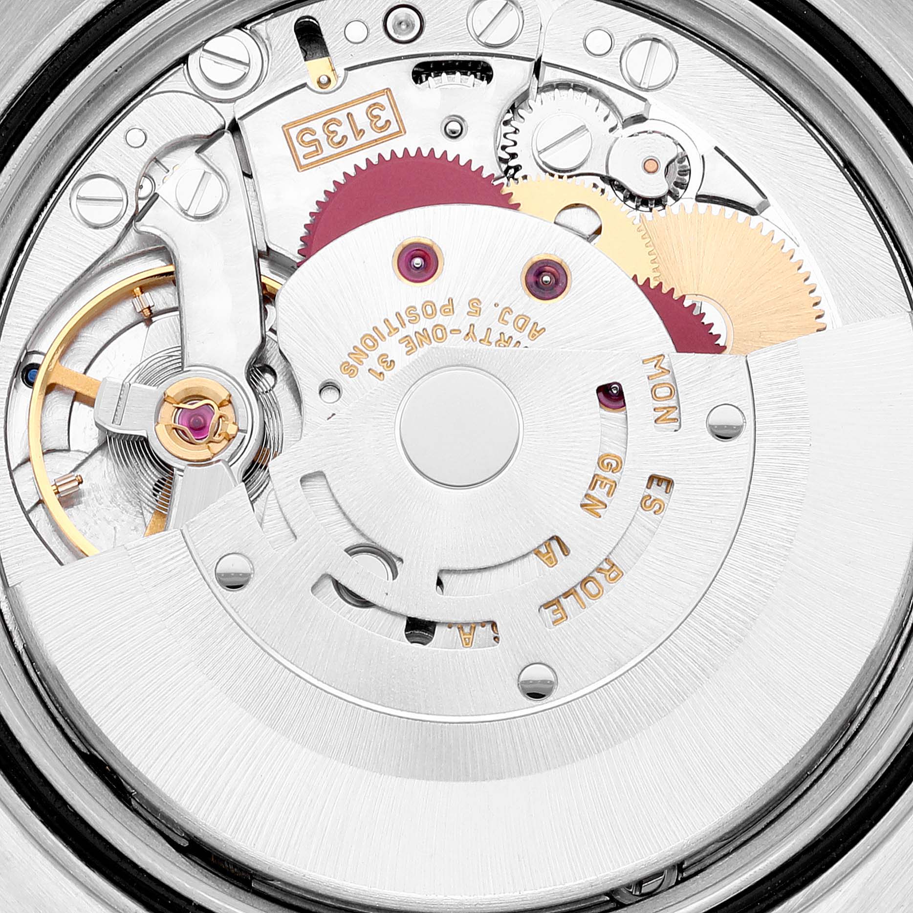 This image shows the intricate internal movement mechanism of a Rolex Datejust 16203 Men's Steel and Gold (two tone) Grey Dial 16203 Men's Steel and Gold (two tone) Grey Dial watch, featuring gears and components from a close-up angle.
