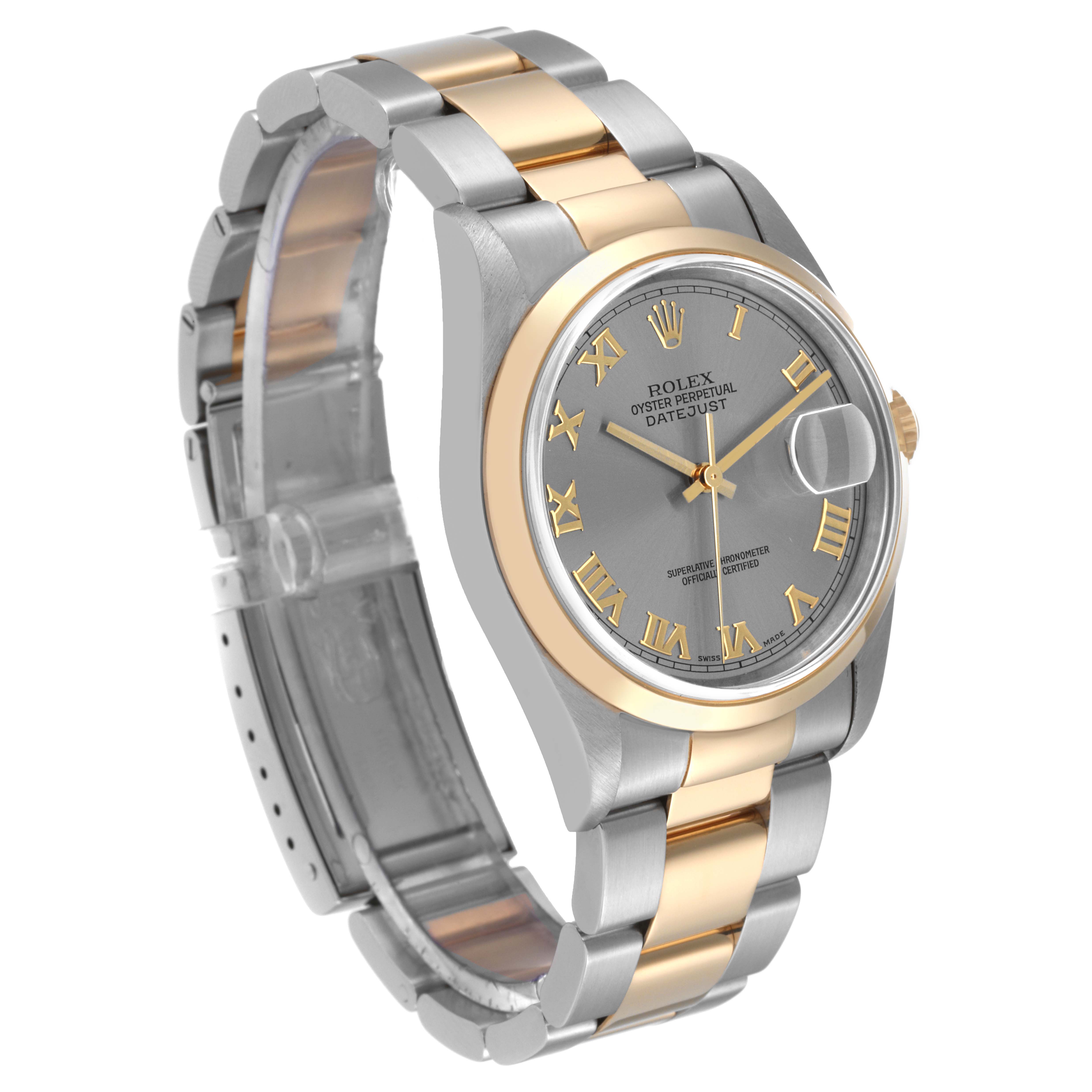 The Rolex Datejust 16203 Men's Steel and Gold (two tone) Grey Dial 16203 Men's Steel and Gold (two tone) Grey Dial watch is shown at a three-quarter angle, highlighting the two-tone bracelet, gold bezel, and grey dial.
