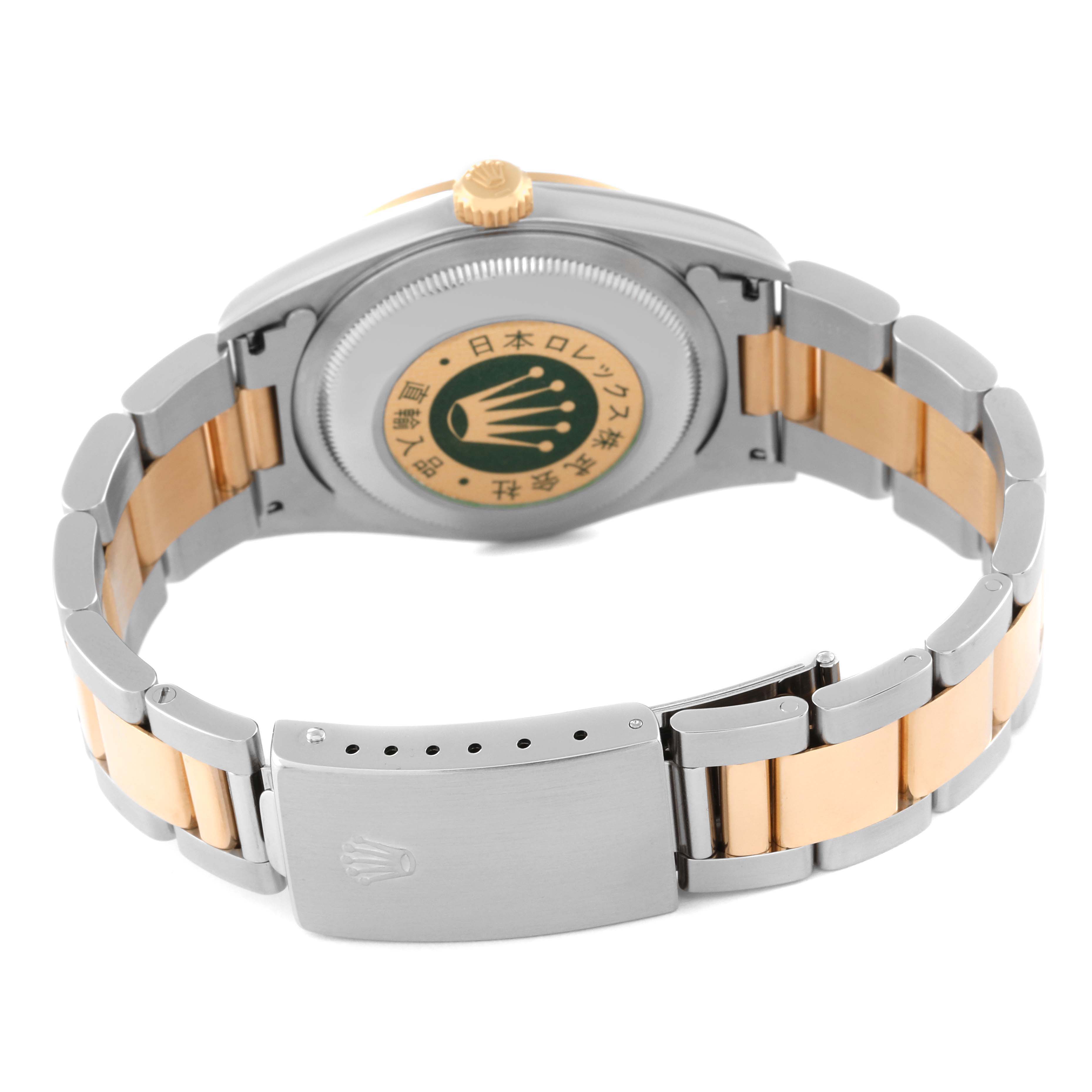 The image shows the back view of a Rolex Datejust 16203 Men's Steel and Gold (two tone) Grey Dial 16203 Men's Steel and Gold (two tone) Grey Dial watch, highlighting the case back and two-tone bracelet with the clasp.