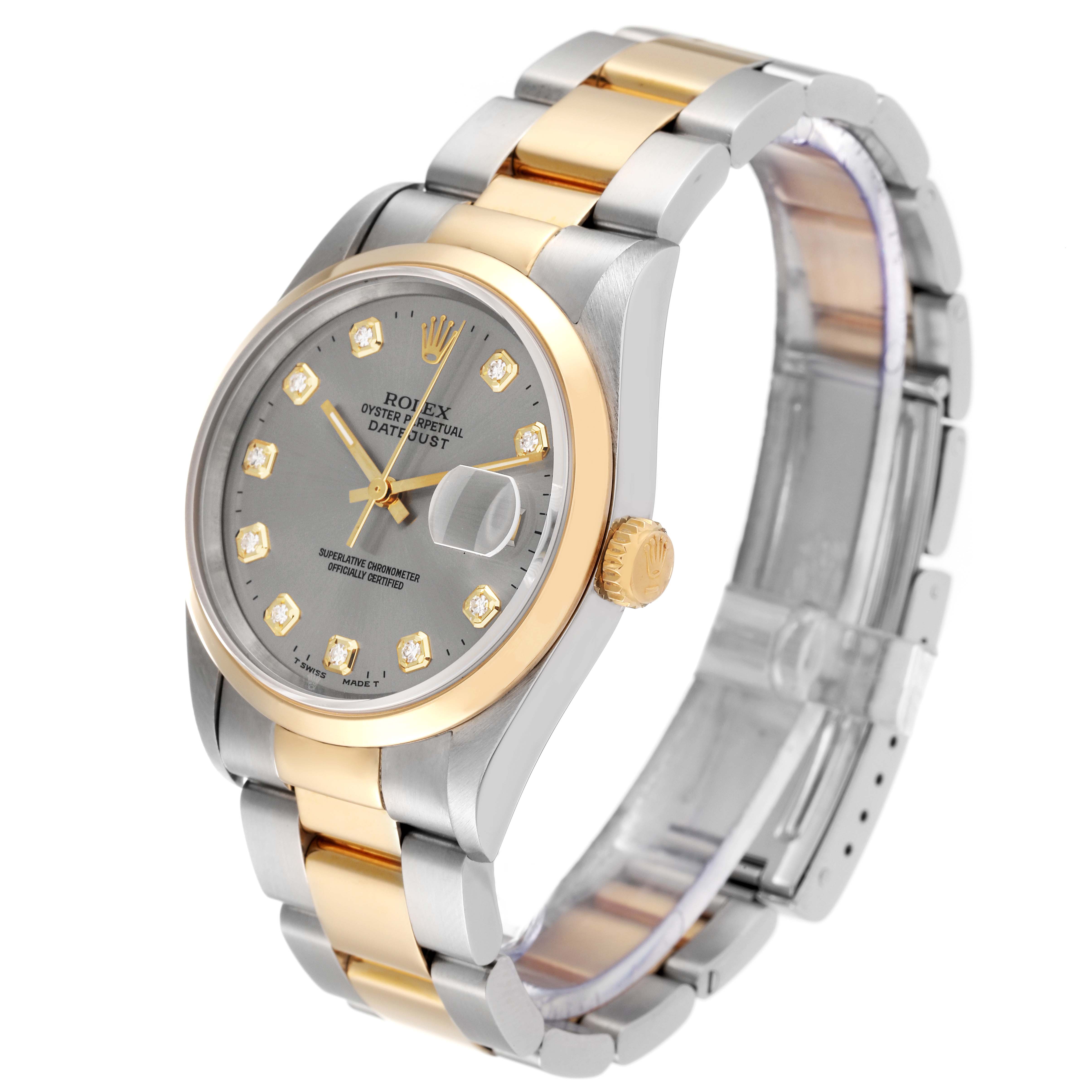 The image shows a Rolex Datejust 16203 Men's Steel and Gold (two tone) Grey Dial 16203 Men's Steel and Gold (two tone) Grey Dial watch at a three-quarter angle, highlighting the dial, bezel, bracelet, and crown.