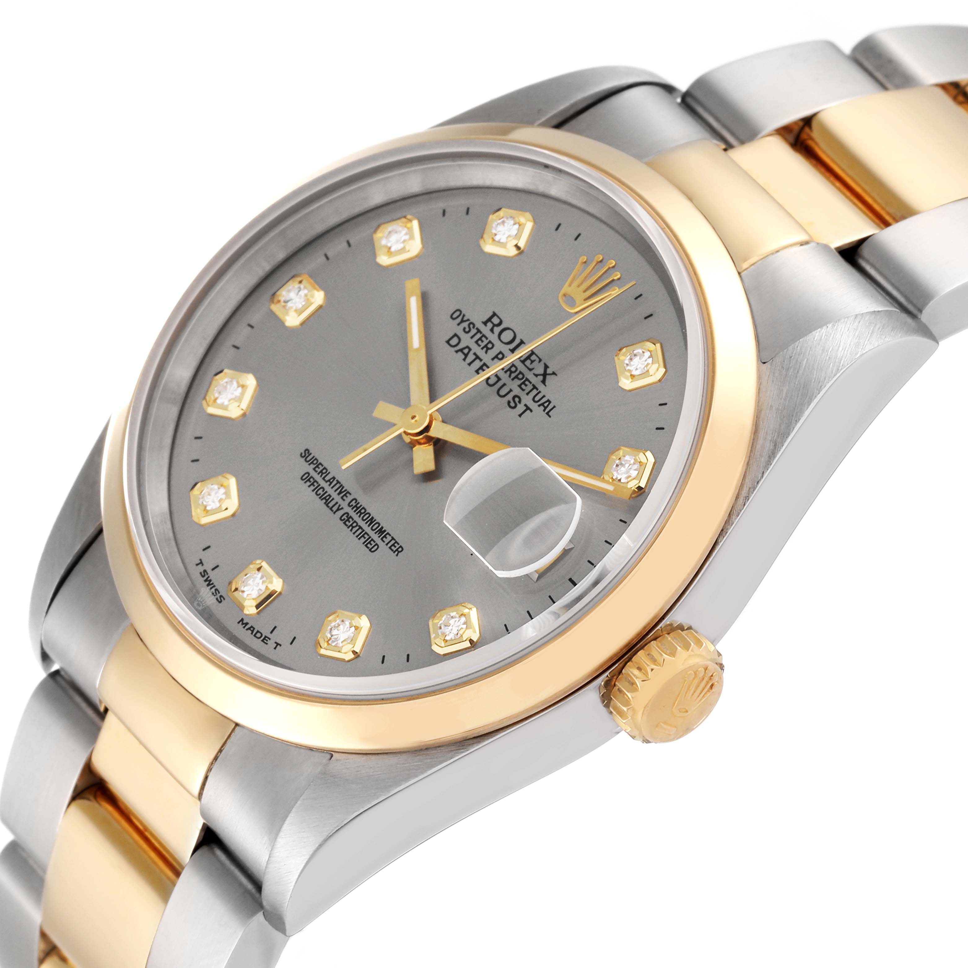 The image shows a Rolex Datejust 16203 Men's Steel and Gold (two tone) Grey Dial 16203 Men's Steel and Gold (two tone) Grey Dial watch at an angled view highlighting the dial, crown, and part of the bracelet.