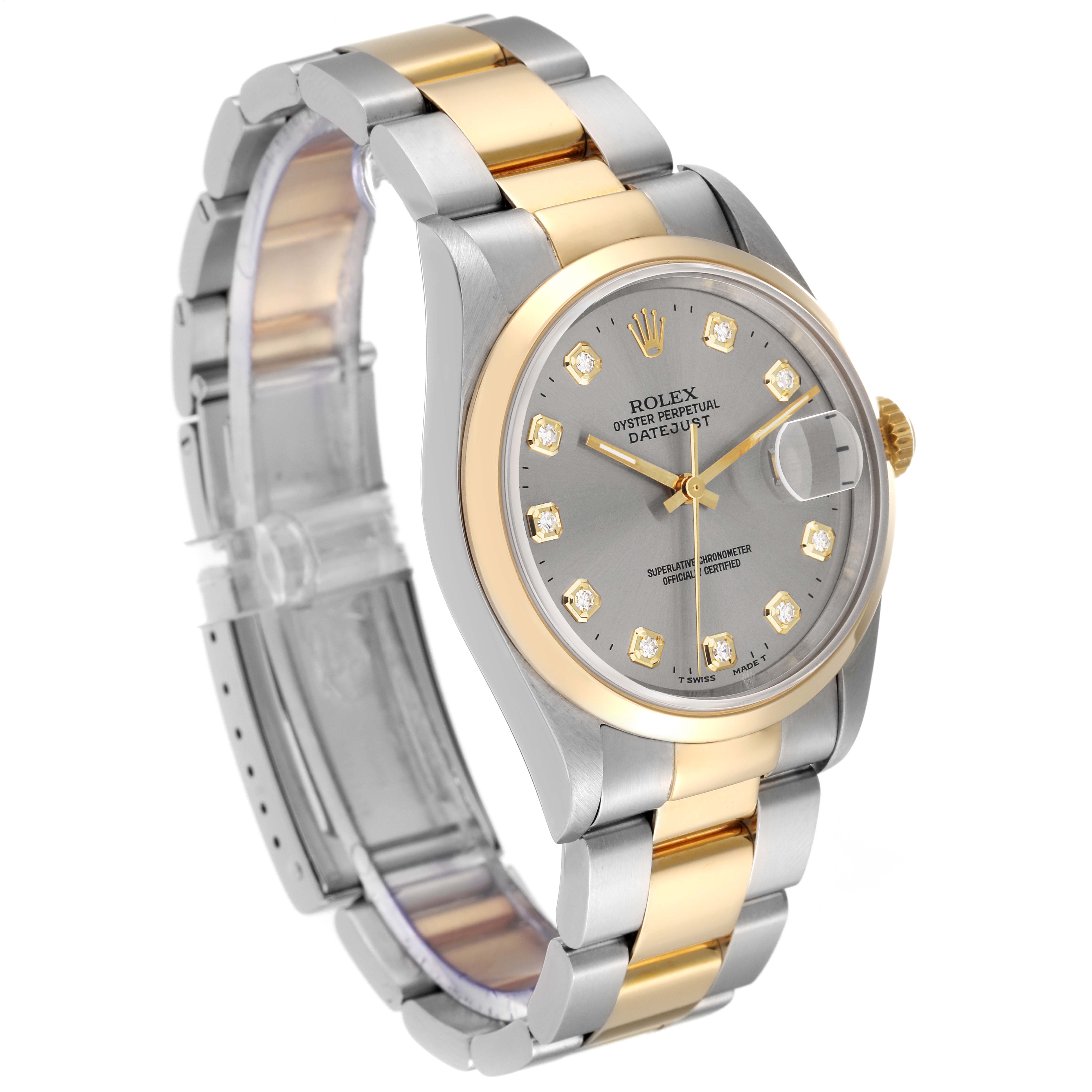 The image shows a Rolex Datejust 16203 Men's Steel and Gold (two tone) Grey Dial 16203 Men's Steel and Gold (two tone) Grey Dial watch at a three-quarter angle, highlighting the silver and gold bracelet, dial, bezel, and crown.