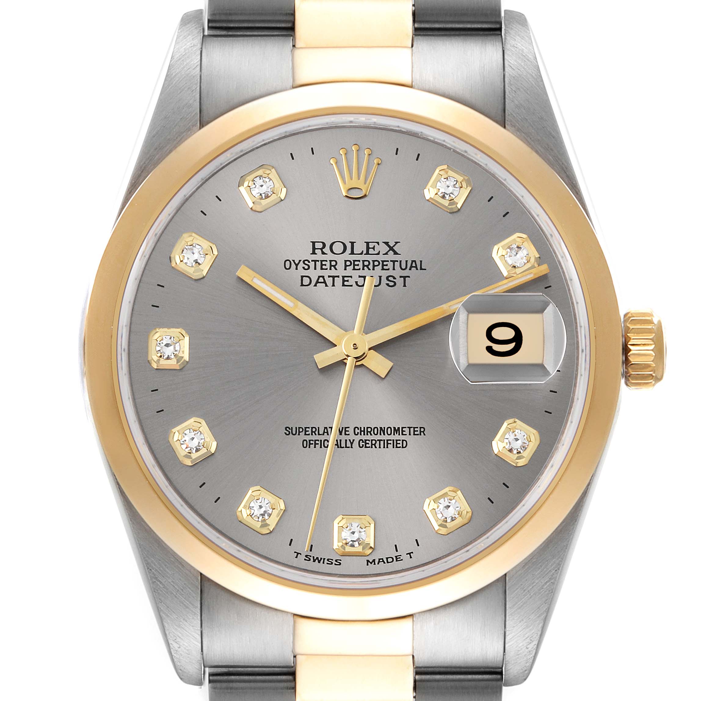This image shows a front view of a Rolex Datejust 16203 Men's Steel and Gold (two tone) Grey Dial 16203 Men's Steel and Gold (two tone) Grey Dial watch, highlighting the dial, hands, date display, and part of the bracelet.