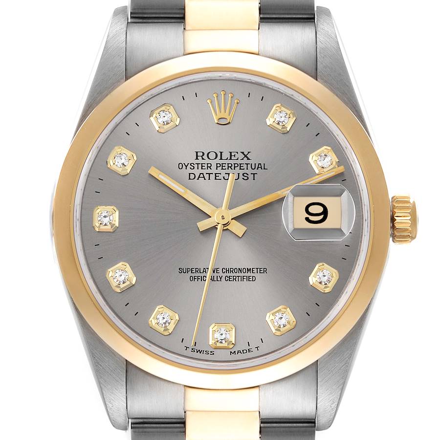 Rolex Datejust Steel Yellow Gold Slate Diamond Dial Mens Watch 16203 Box Papers SwissWatchExpo