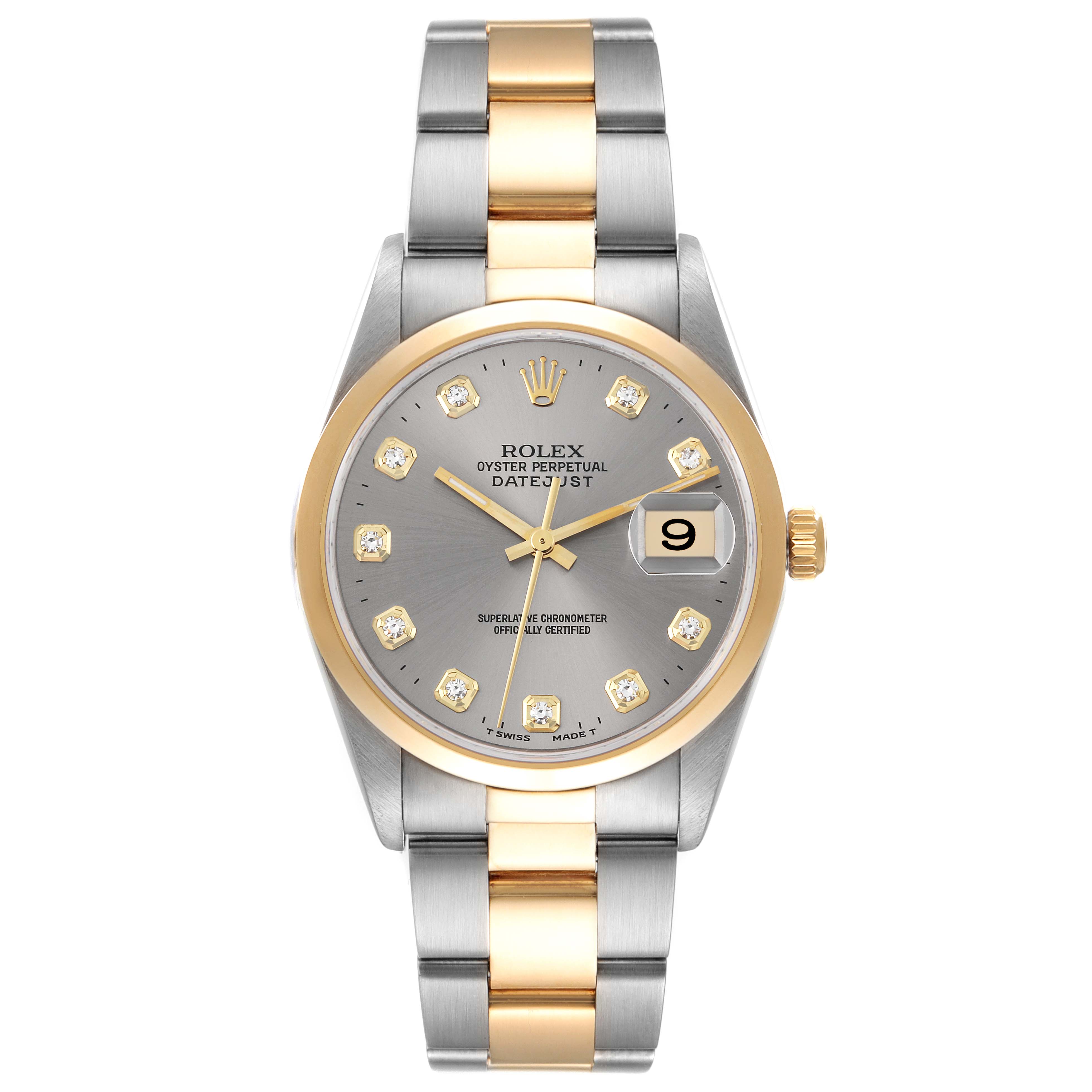 The image depicts a Rolex Datejust 16203 Men's Steel and Gold (two tone) Grey Dial 16203 Men's Steel and Gold (two tone) Grey Dial watch, shot from a front angle, showcasing its dial, bezel, and bracelet.