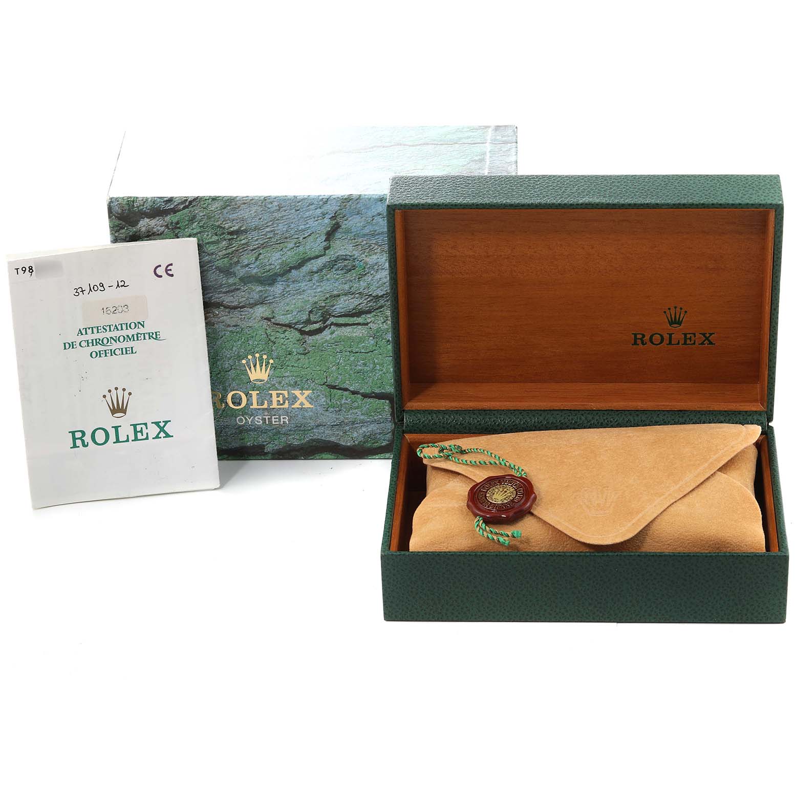 The image shows the packaging, certification booklet, and an unopened suede pouch of a Rolex Datejust 16203 Men's Steel and Gold (two tone) Grey Dial 16203 Men's Steel and Gold (two tone) Grey Dial model.