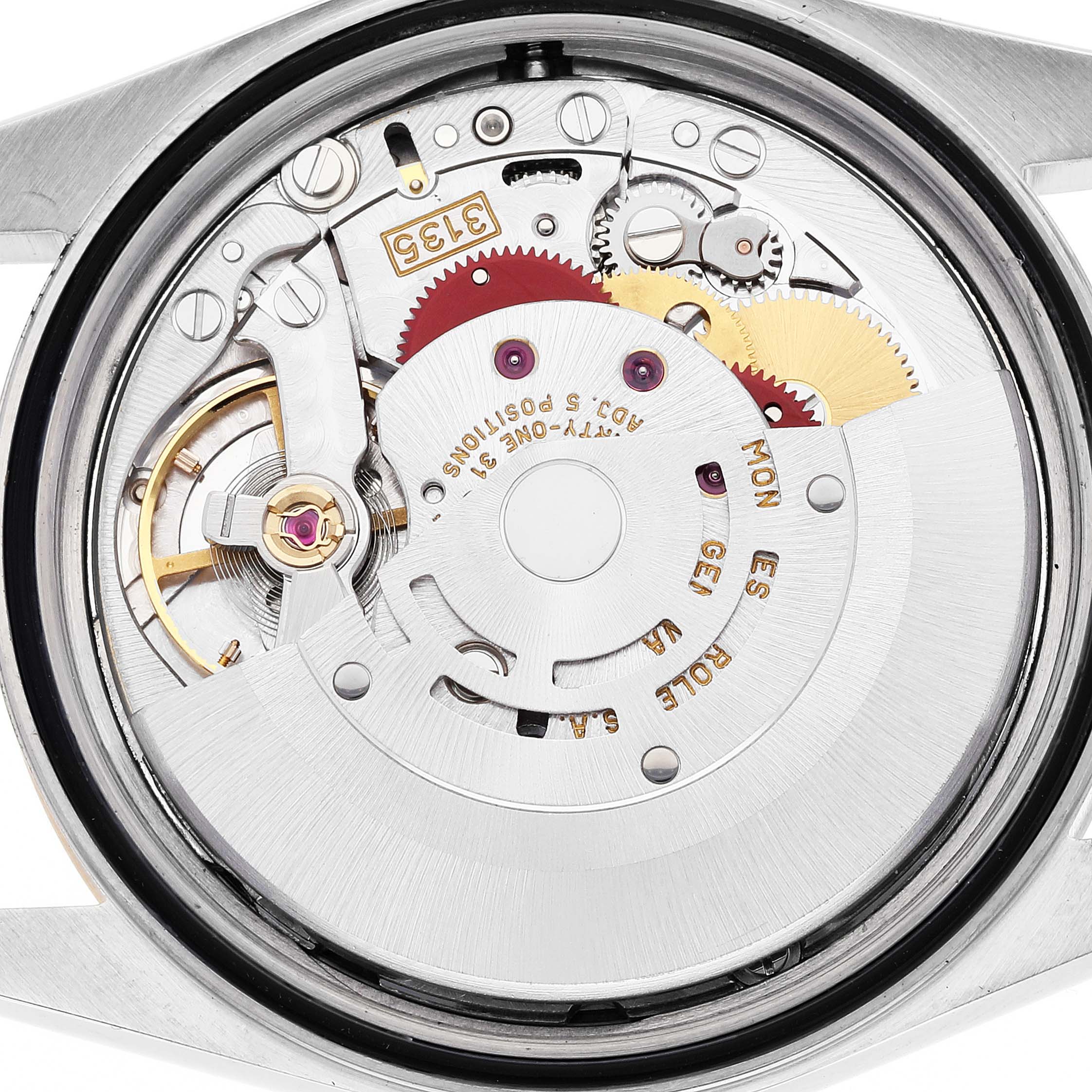 This image shows the internal movement mechanism of a Rolex Datejust 16203 Men's Steel and Gold (two tone) Grey Dial 16203 Men's Steel and Gold (two tone) Grey Dial watch, viewed from a top-down angle.