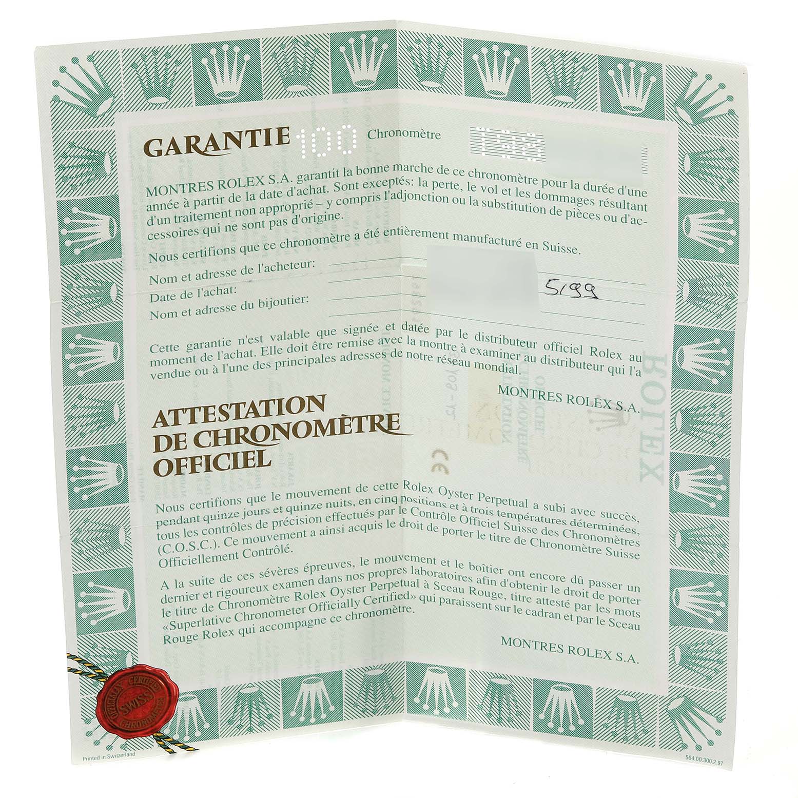 This image shows an official Rolex Datejust 16203 Men's Steel and Gold (two tone) Grey Dial 16203 Men's Steel and Gold (two tone) Grey Dial warranty certificate and chronometer certification document.