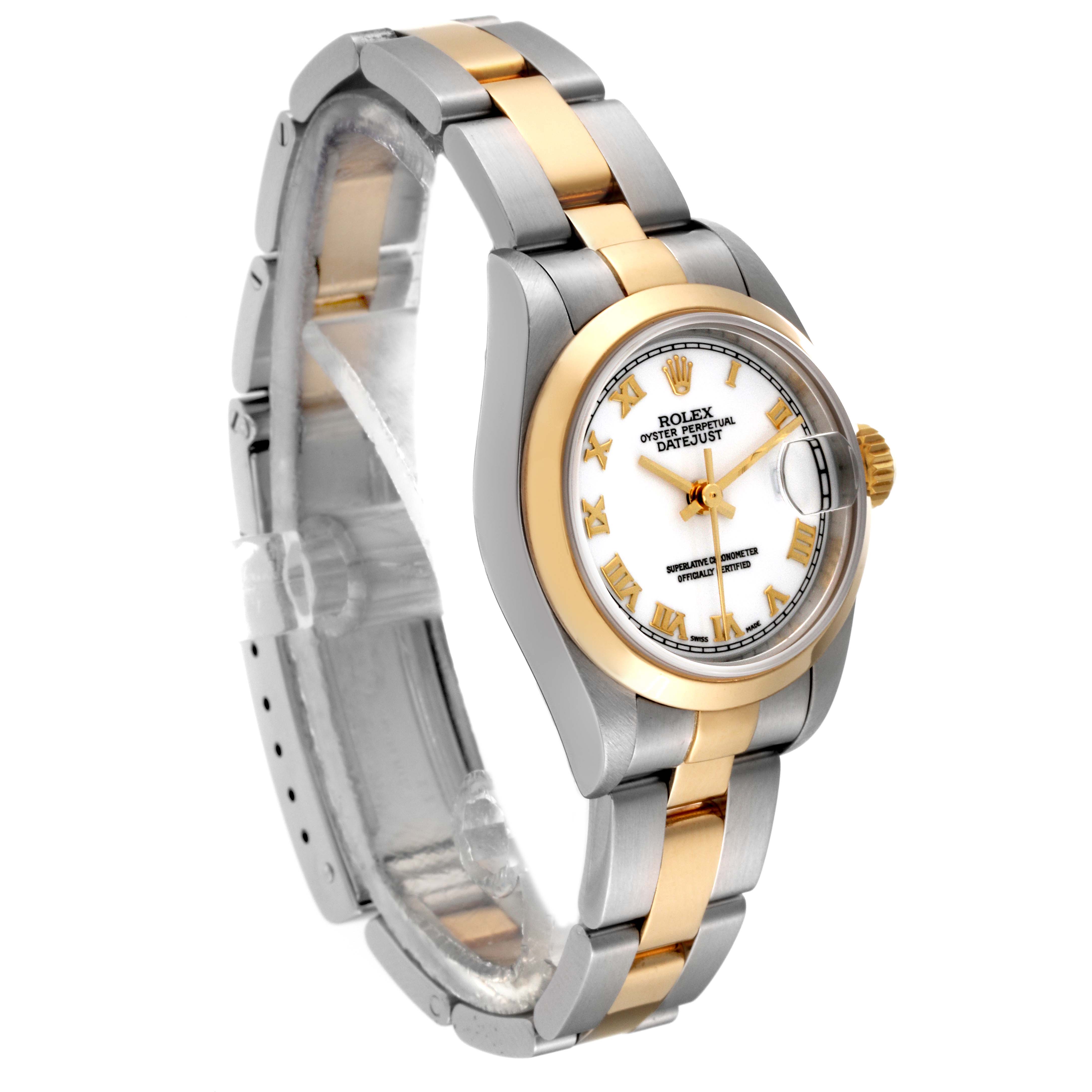 The image shows a Rolex Datejust 79163 Women's Steel and Gold (two tone) White Dial 79163 Women's Steel and Gold (two tone) White Dial watch at an angled side view, highlighting its two-tone bracelet, bezel, and white dial with Roman numerals.