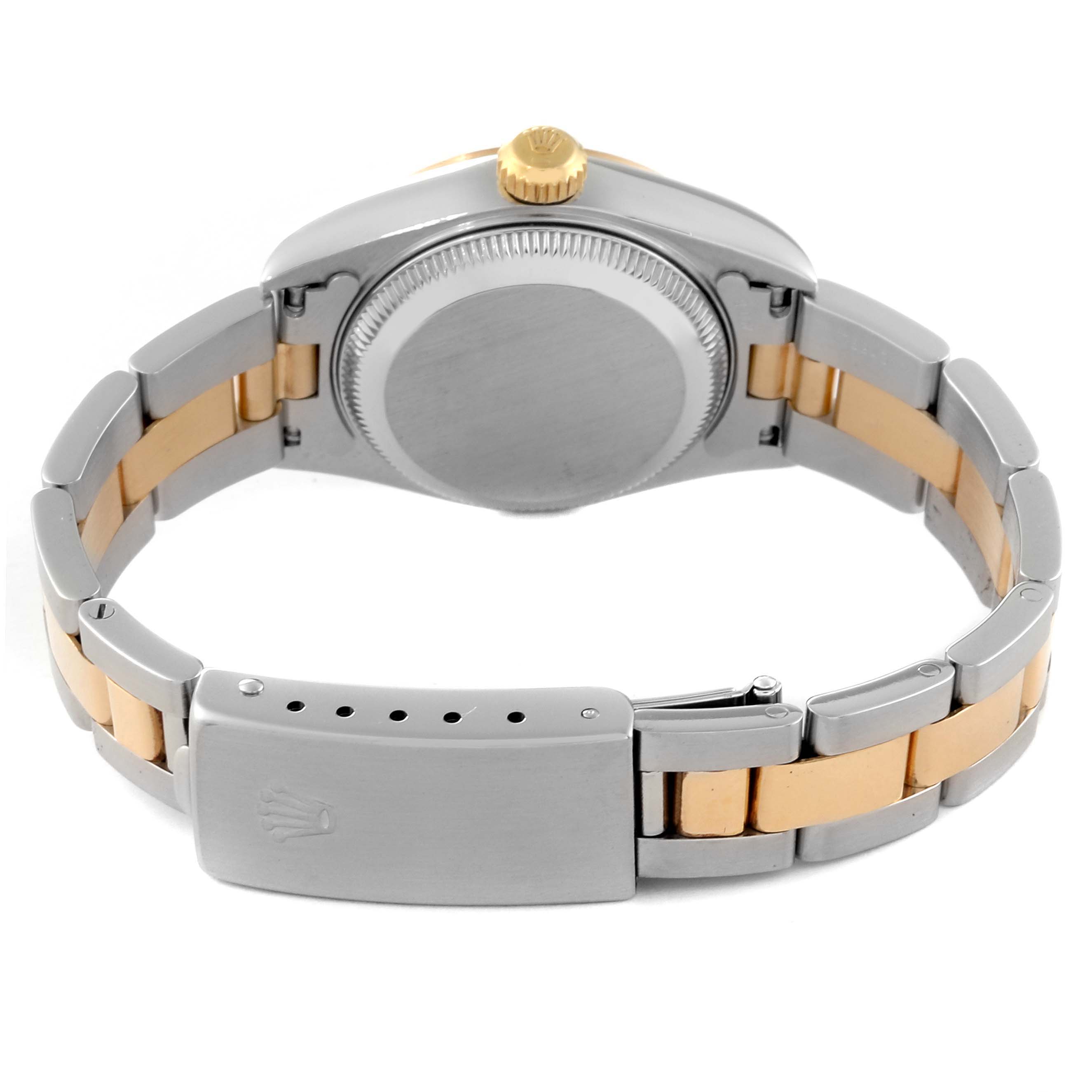 The image shows the back angle of a Rolex Datejust 79163 Women's Steel and Gold (two tone) White Dial 79163 Women's Steel and Gold (two tone) White Dial watch, highlighting its clasp and two-tone bracelet.
