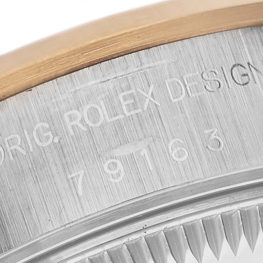 The image shows a close-up side view of a Datejust model by Rolex, highlighting the model number and part of the bezel.