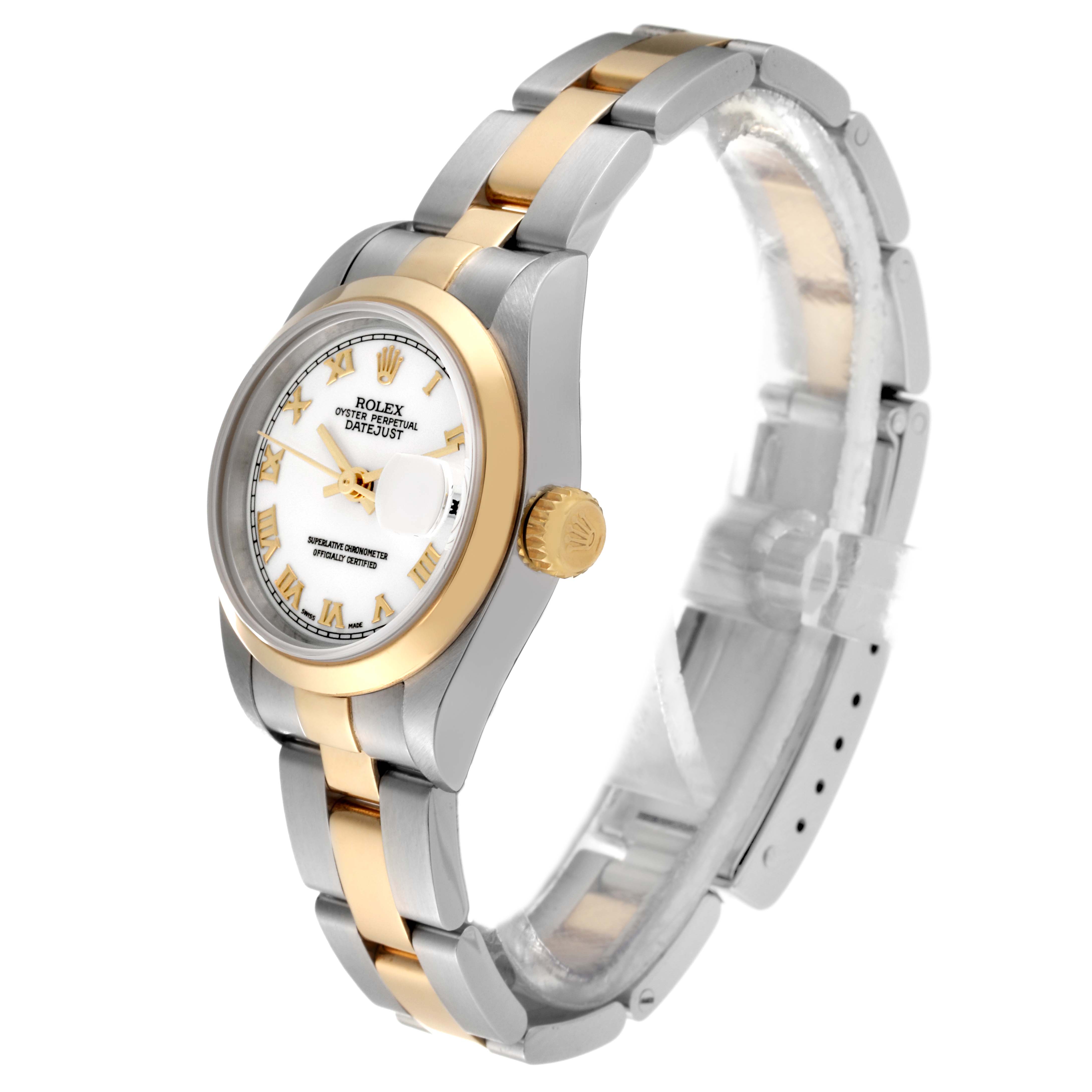 The Rolex Datejust 79163 Women's Steel and Gold (two tone) White Dial 79163 Women's Steel and Gold (two tone) White Dial watch is shown at an angle displaying the dial, bezel, crown, and part of the bracelet.