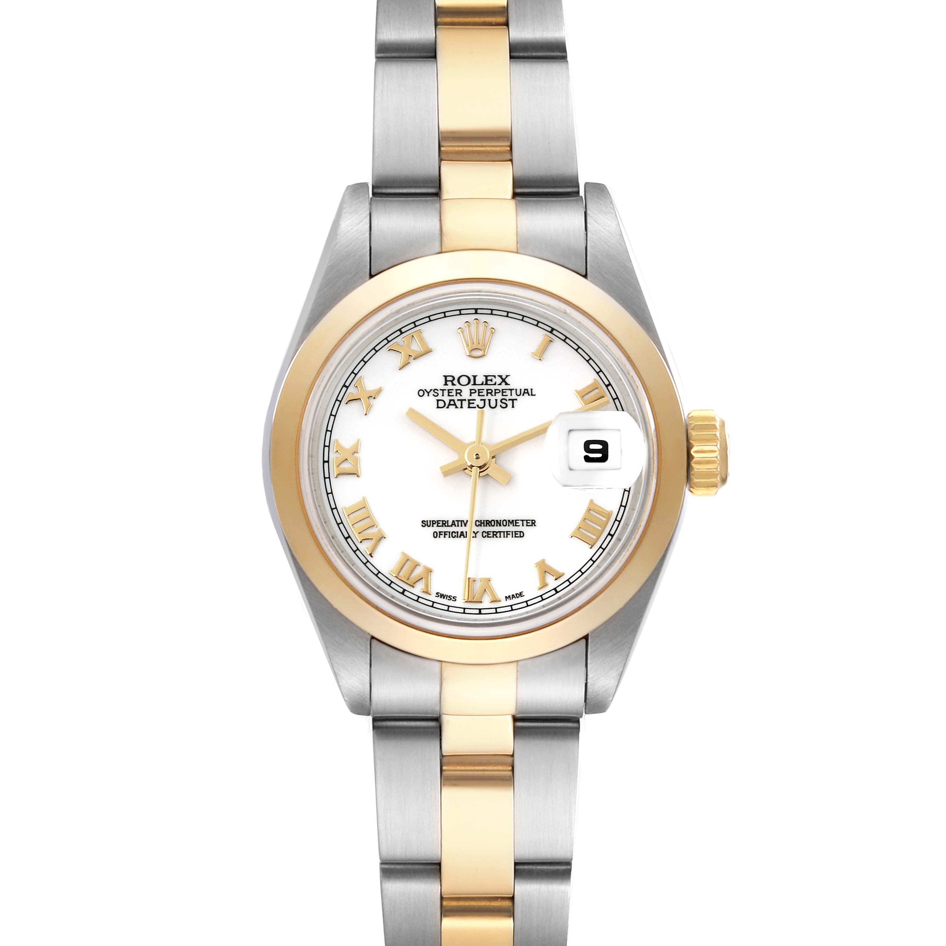 The image shows a front view of a Rolex Datejust 79163 Women's Steel and Gold (two tone) White Dial 79163 Women's Steel and Gold (two tone) White Dial watch, displaying the face, bezel, crown, and bracelet.